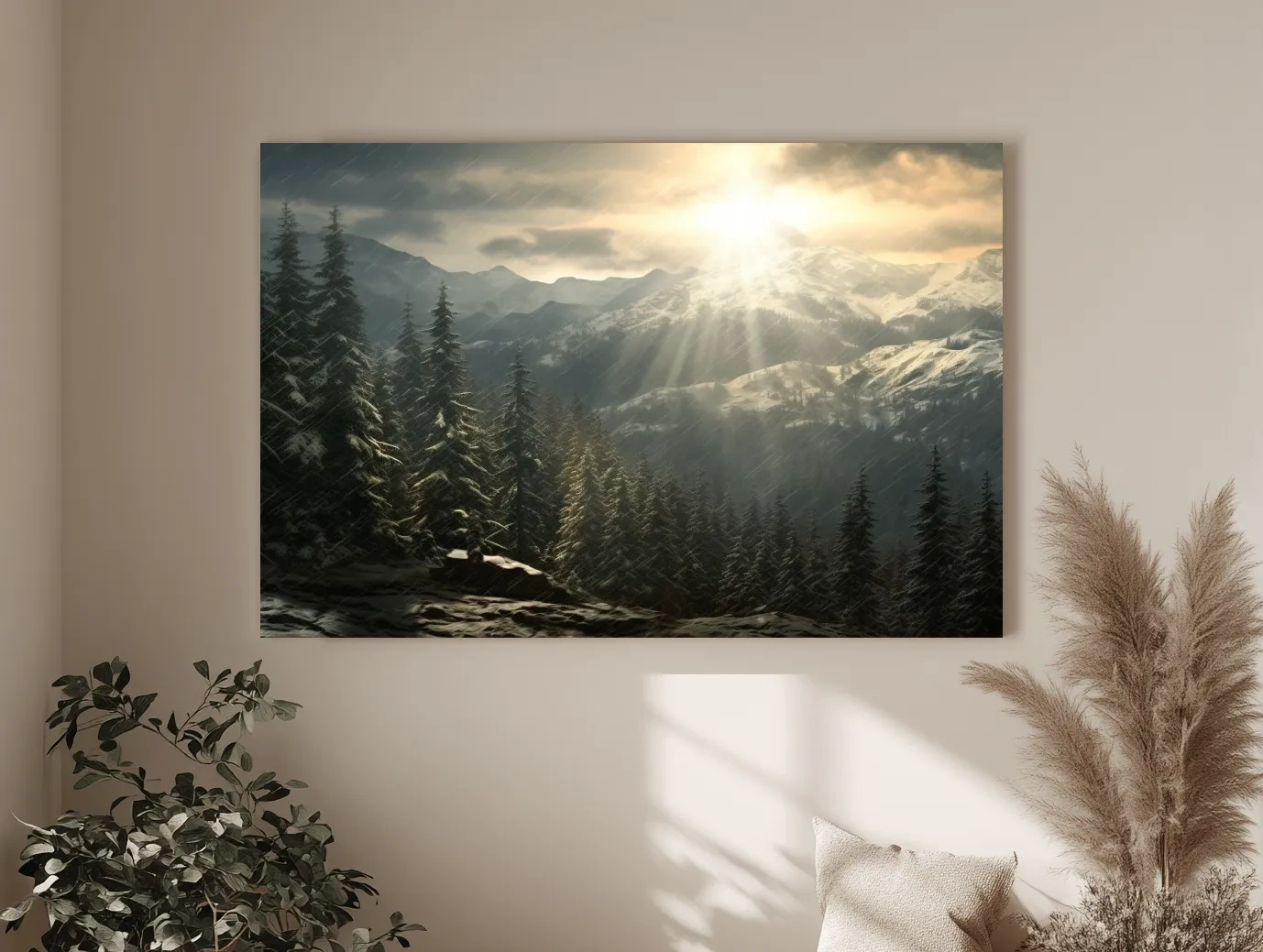 Mountain Snowstorm Sunrise Over Pine Forest - Dramatic Winter Landscape Artwork
