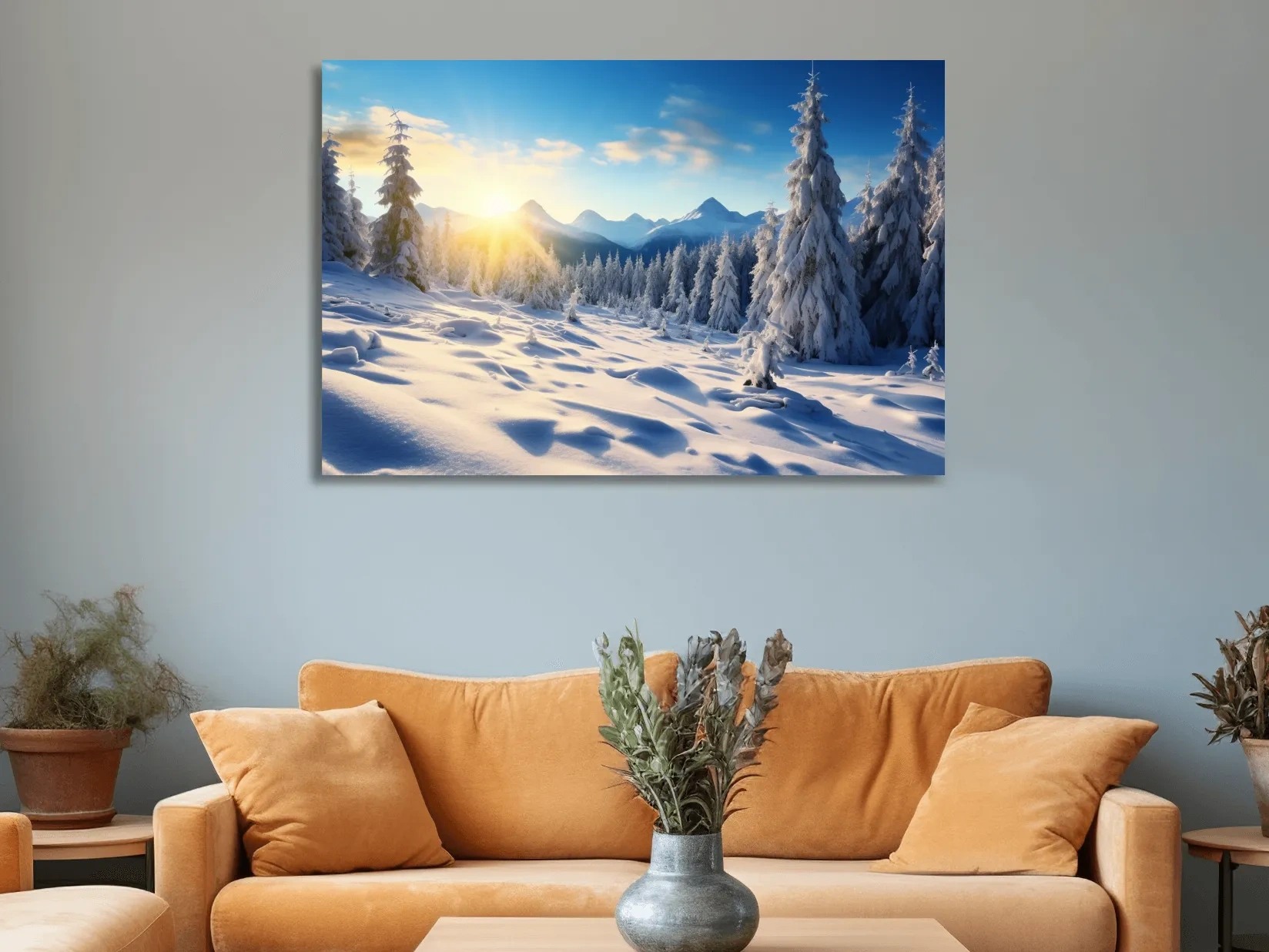 Snowy Sunrise Alpine Forest Landscape - Serene Photographic Nature Wall Art