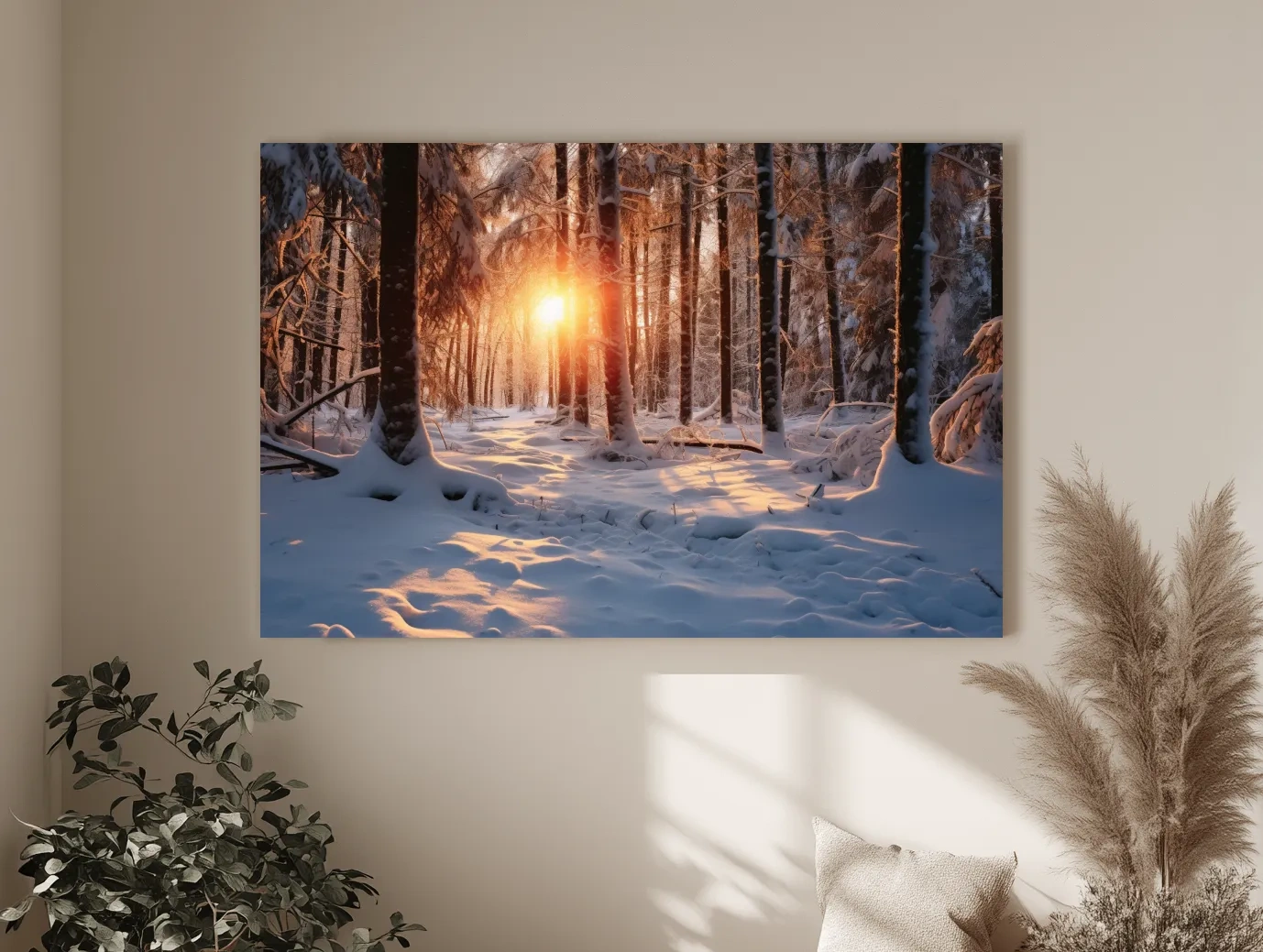 Golden Winter Sunrise Snowy Forest - Serene Nature Landscape Wall Art