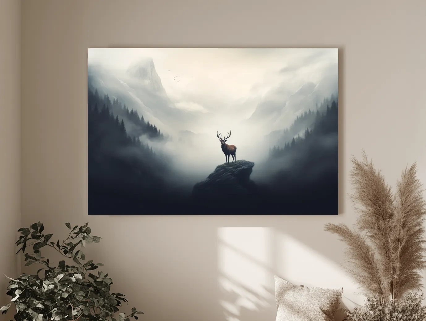 Majestic Stag On Rocky Peak - Misty Mountain Forest Wall Art