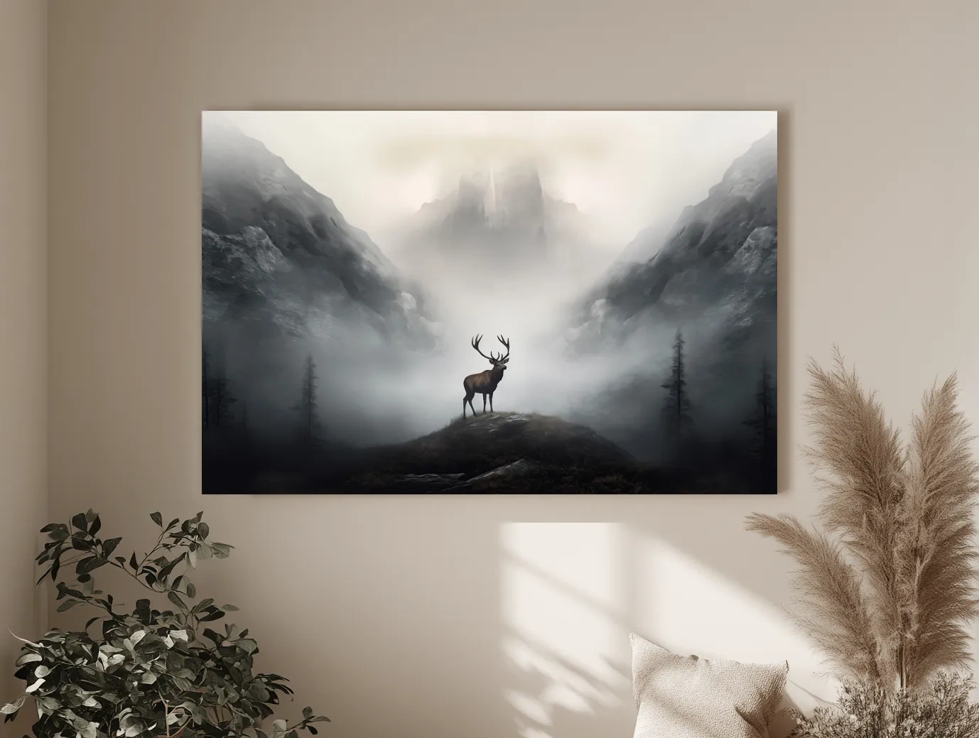 Moody Misty Mountain Stag Silhouette - Atmospheric Wildlife Landscape Art
