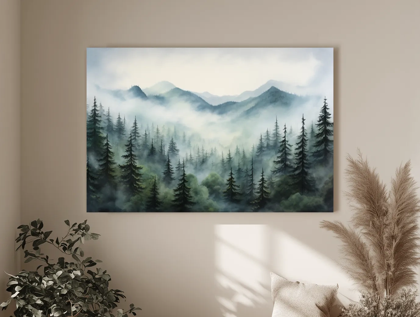 Misty Alpine Forest Painting - Foggy Mountain Landscape Art