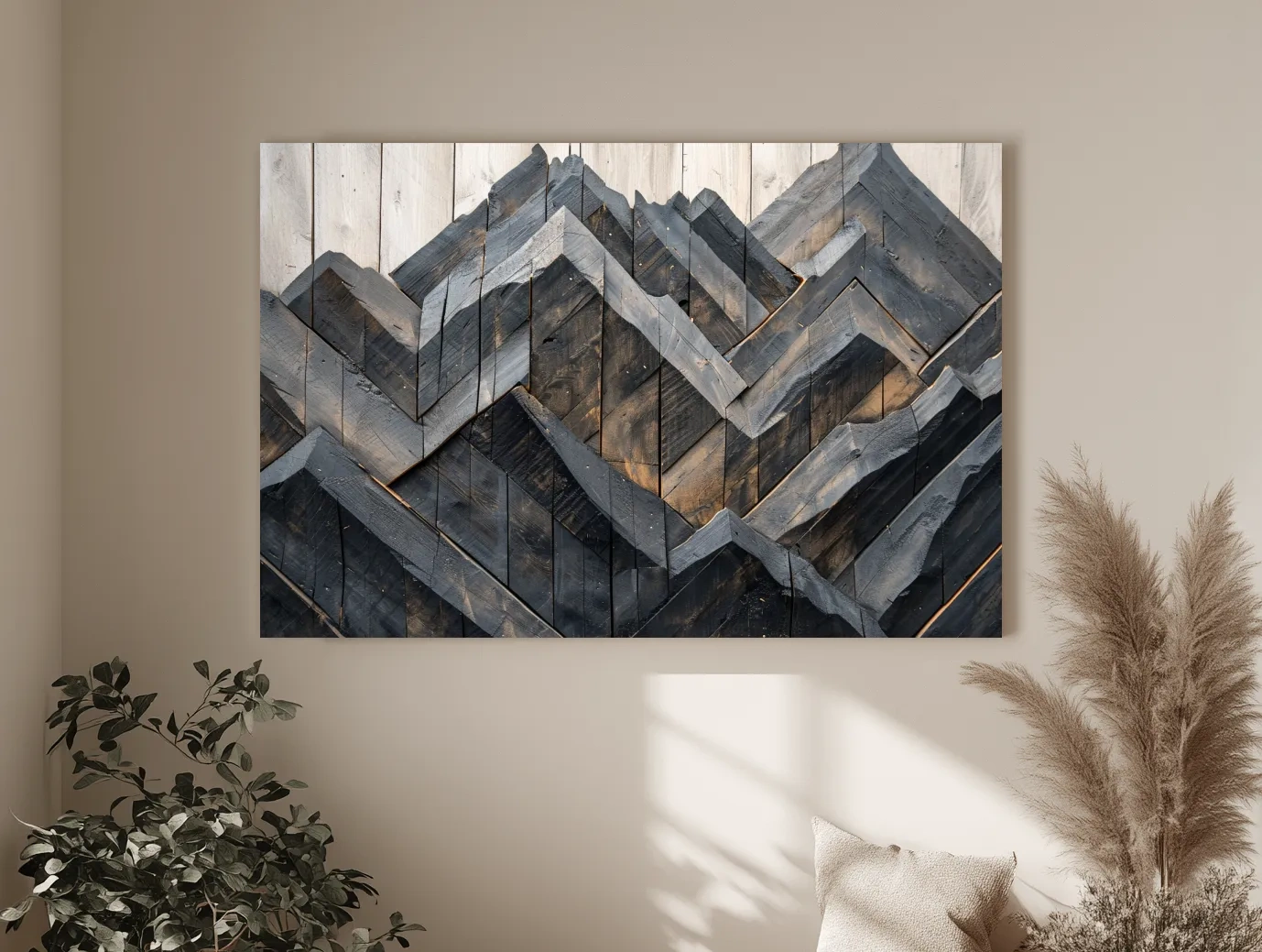 Geometric Wood Mountain Mosaic - Modern Rustic Landscape Wall Art