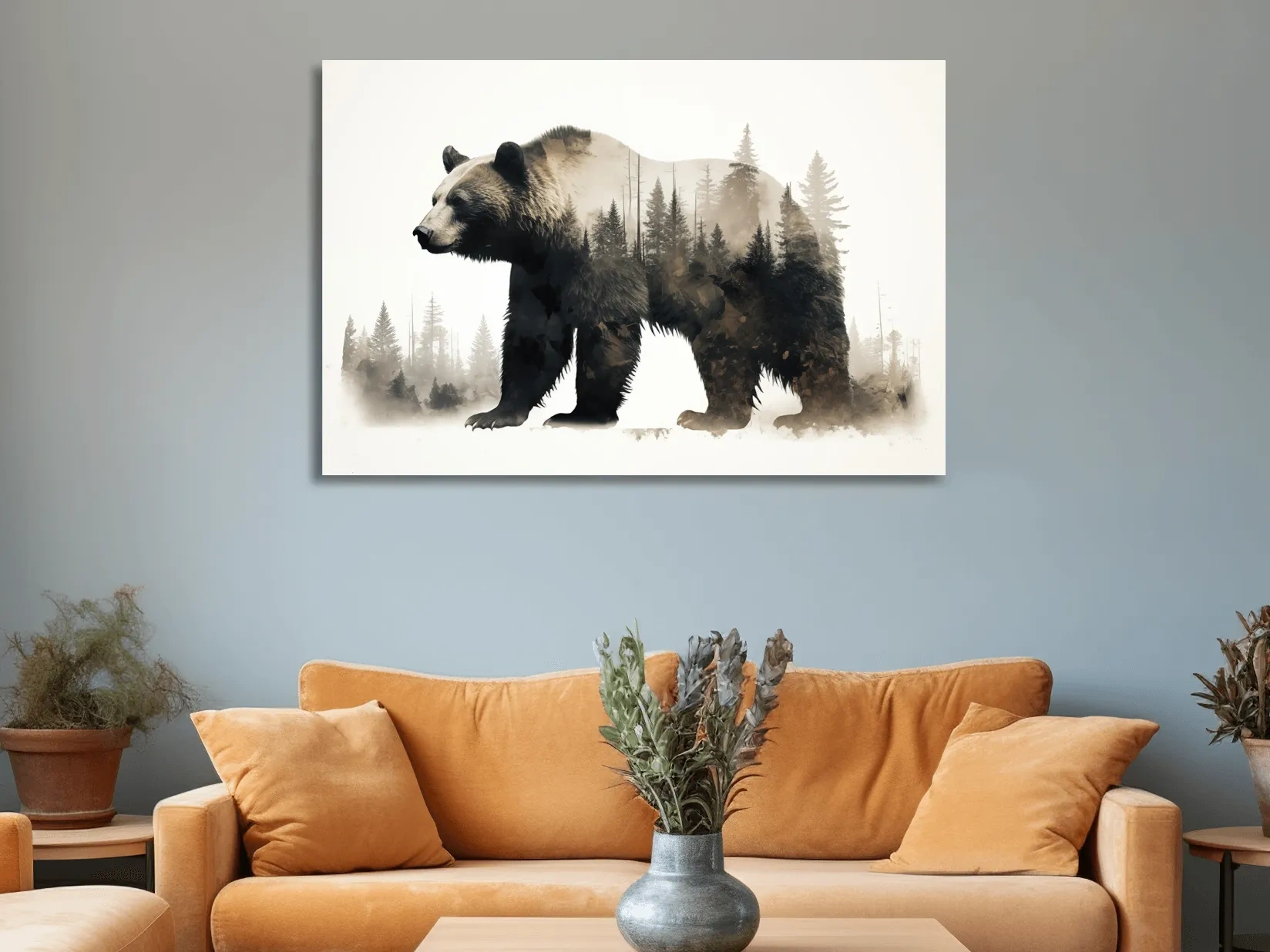Double exposure artwork, a grizzly bear and a forest