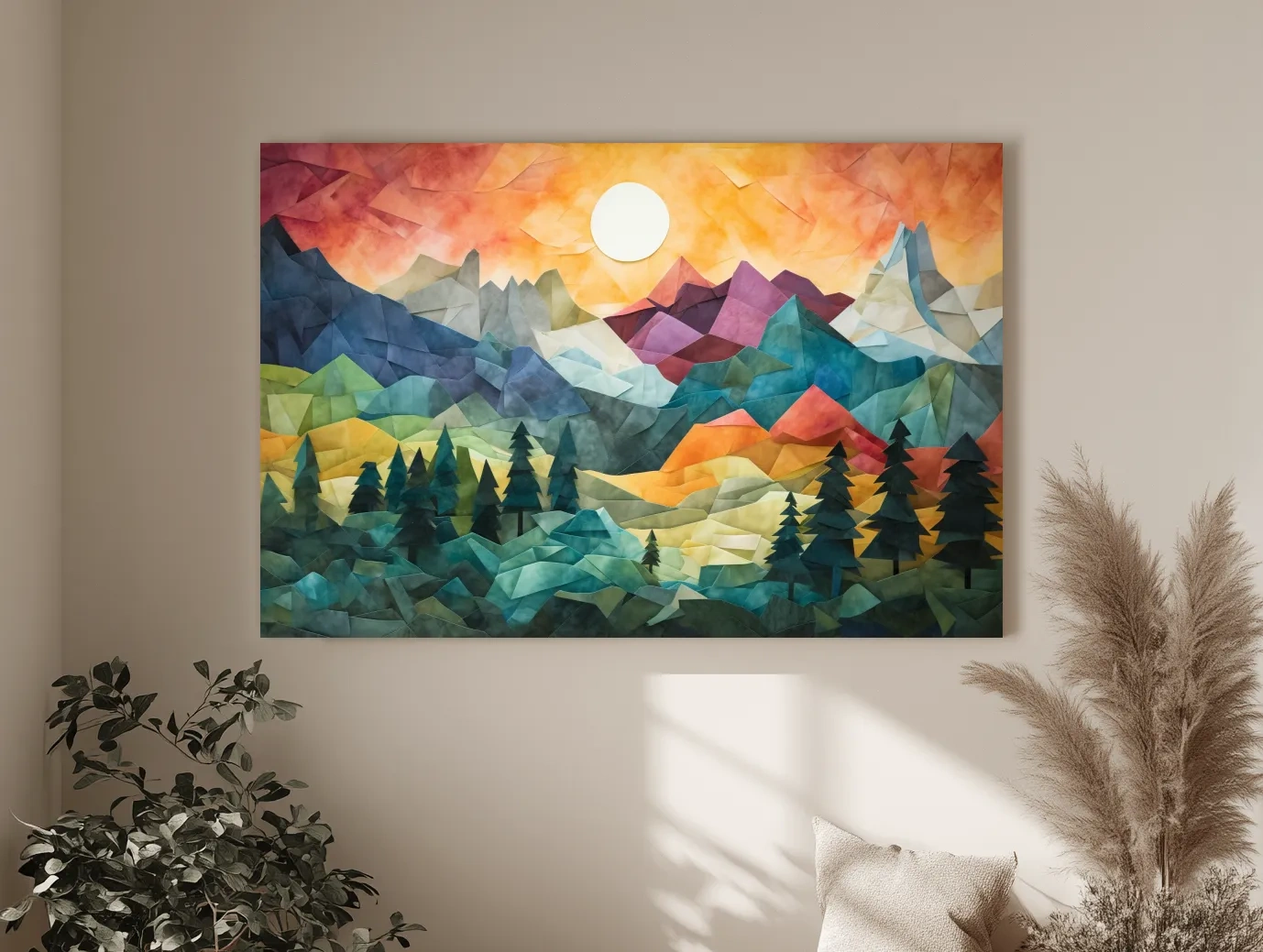 Abstract Alpine Mountain Sunset Artwork - Vibrant Patchwork Mosaic Wall Art
