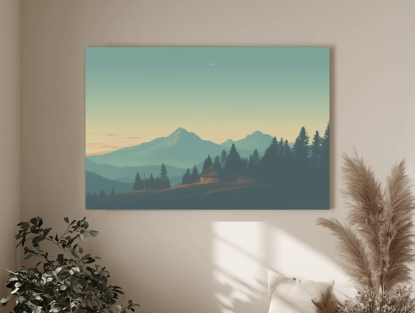 Hazy Alpine Cabin Mountain Sunset - Serene Vintage Landscape Wall Art