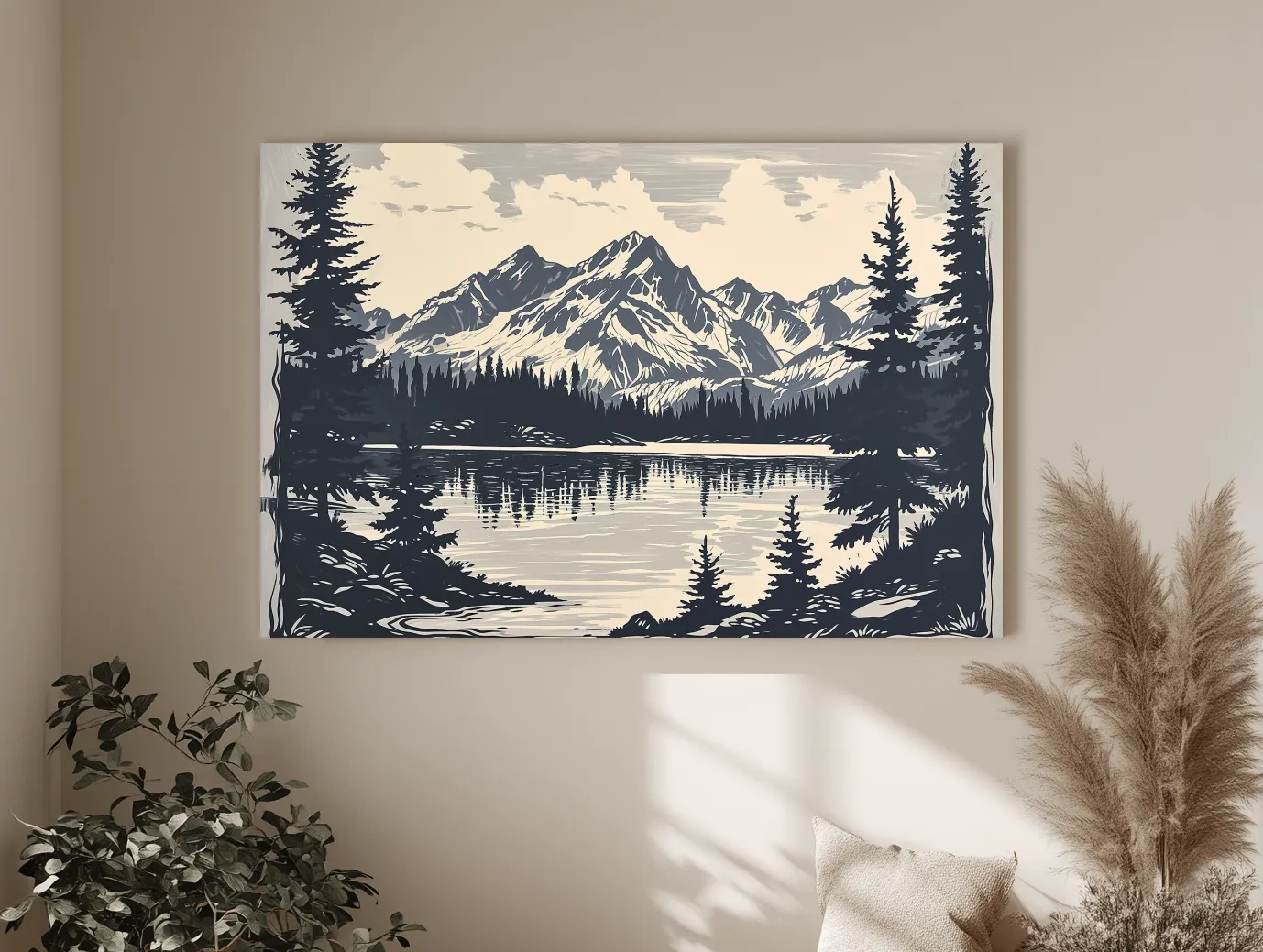 Vintage Alpine Lake Mountain Illustration - Monochrome Linocut Style Artwork