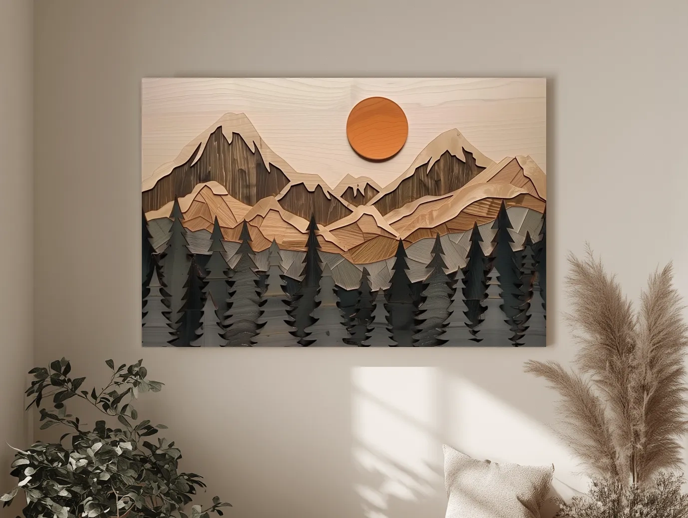 Rustic Geometric Wood Grain Mountain Sunrise - Pine Forest Landscape Wall Art