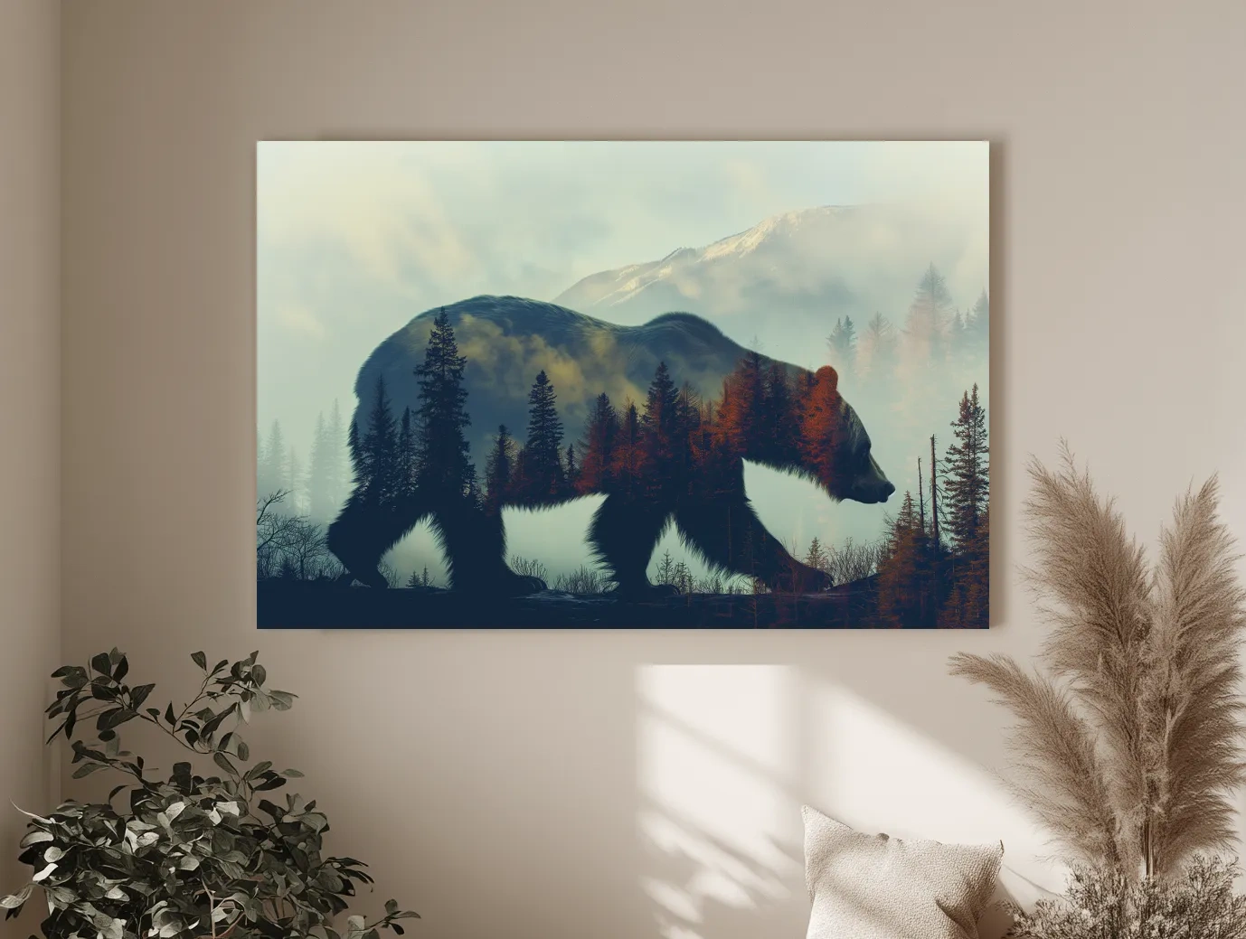 Moody Double Exposure Grizzly Bear Silhouette - Misty Pine Forest Mountain Wall Art
