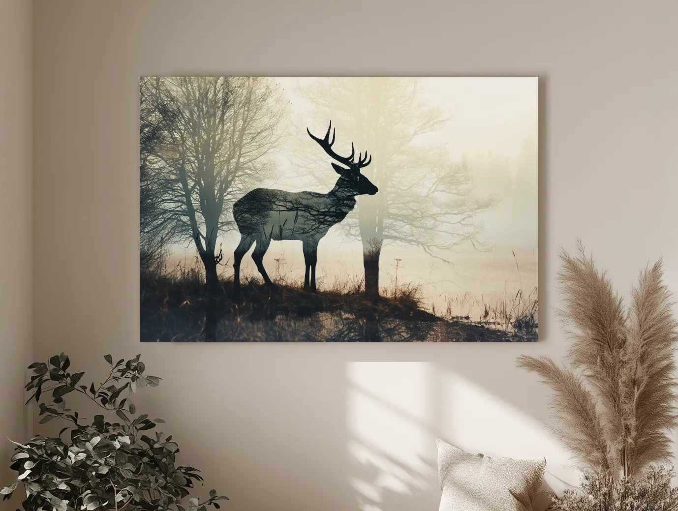 Misty Deer Silhouette Forest Landscape - Double Exposure Wildlife Photography Wall Art