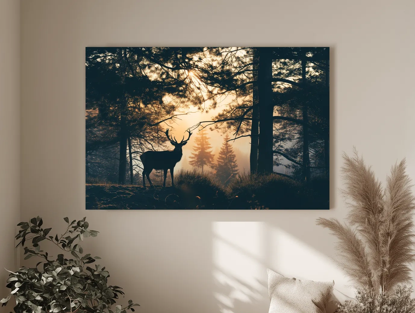 Moody Deer Silhouette In Misty Pine Forest - Golden Sunrise Wildlife Wall Art