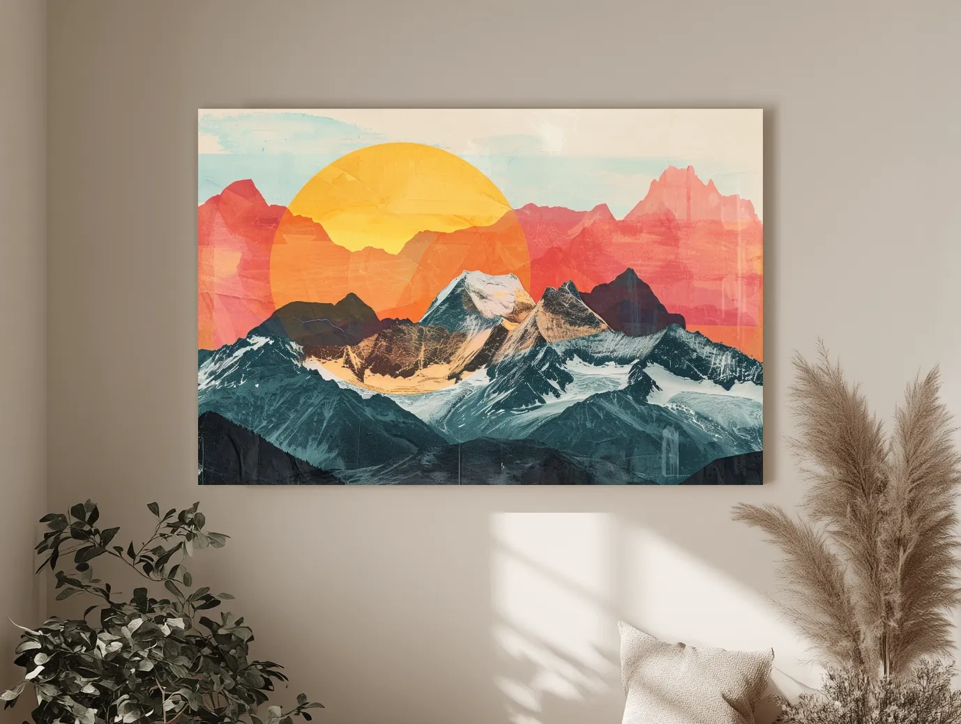 Abstract Alpine Mountains With Golden Sun - Modern Collage Landscape Artwork