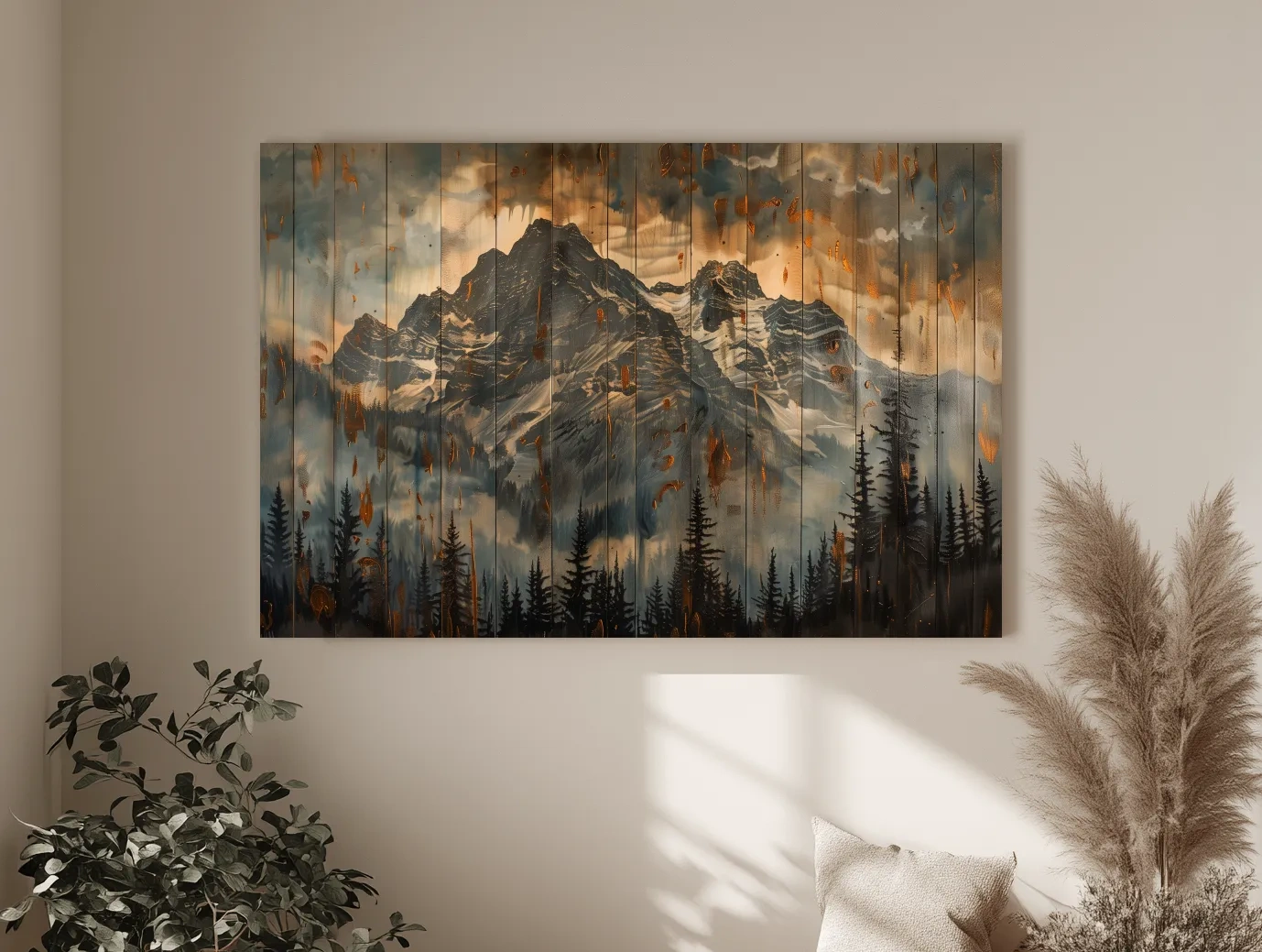 Rustic Mountain Range Painting - Alpine Forest Wood Panel Wall Art