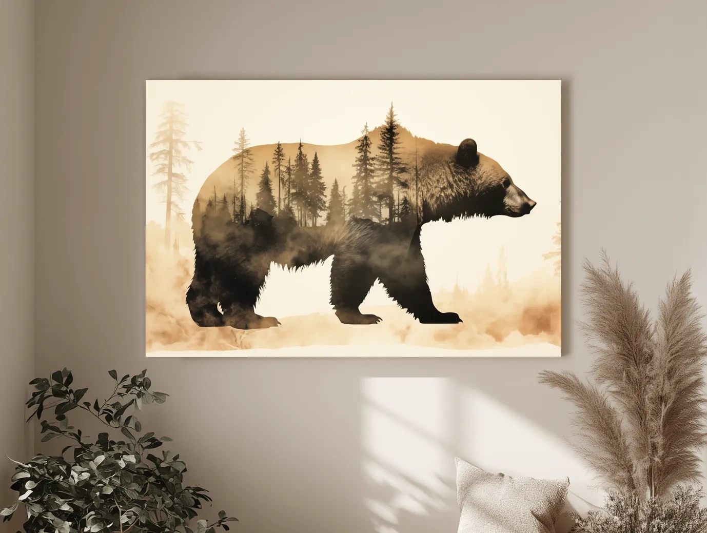 Double Exposure Grizzly Bear Forest Silhouette - Misty Wilderness Nature Artwork