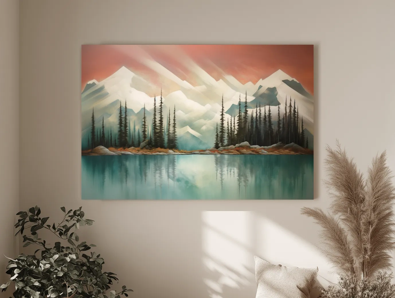 Abstract Alpine Lake Landscape Painting - Serene Pine Forest Mountain Wall Art