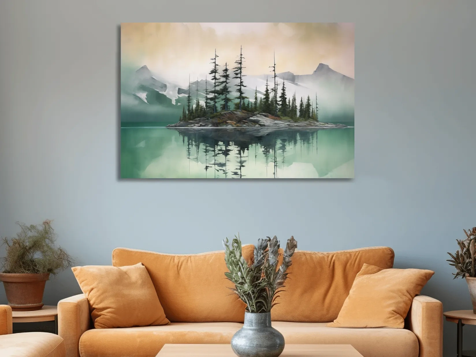 Misty Turquoise Alpine Lake Reflection - Serene Watercolor Mountain Landscape Wall Art