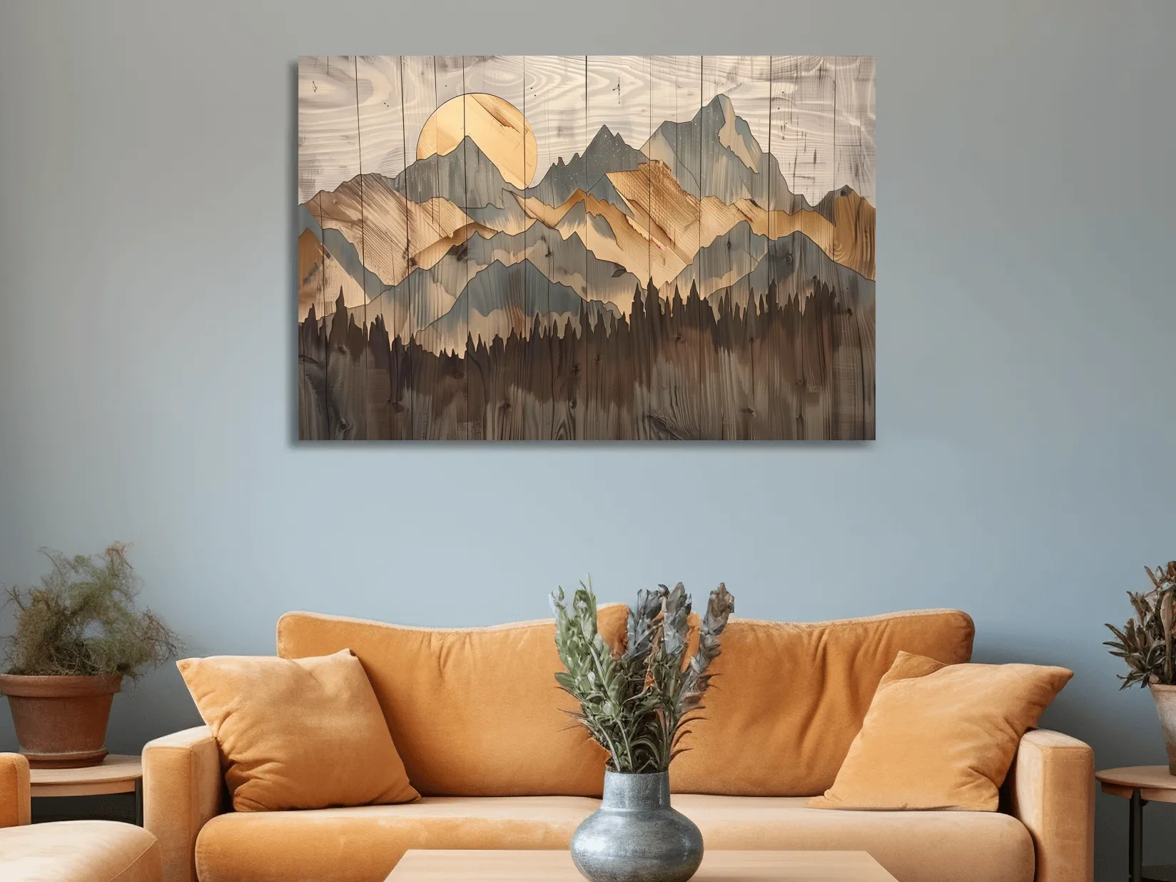 Rustic mountain artwork, painting on wood panel effect