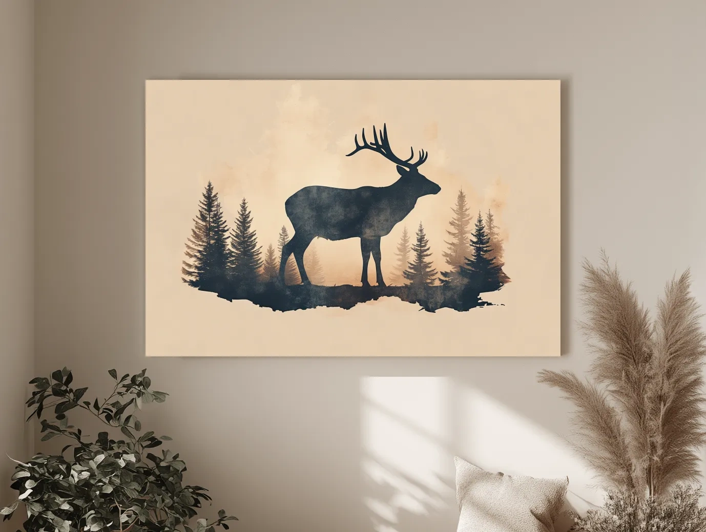 Vintage Sepia Deer Silhouette In Pine Forest - Rustic Woodland Artwork