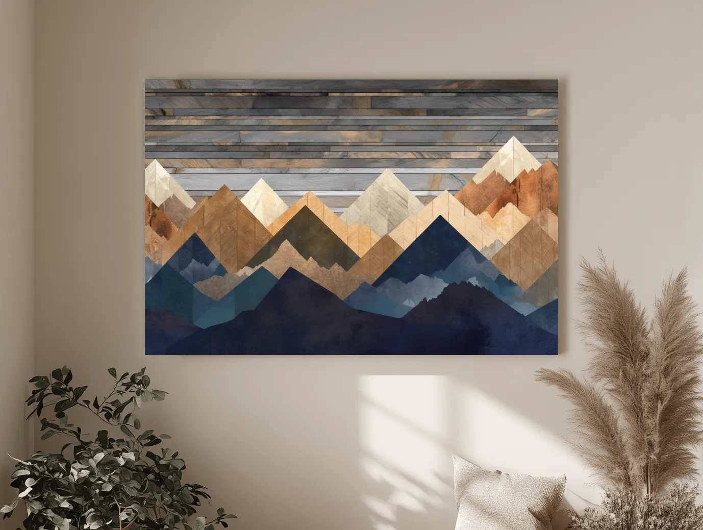Geometric Layered Mountain Peaks - Rustic Wood Texture Abstract Wall Art