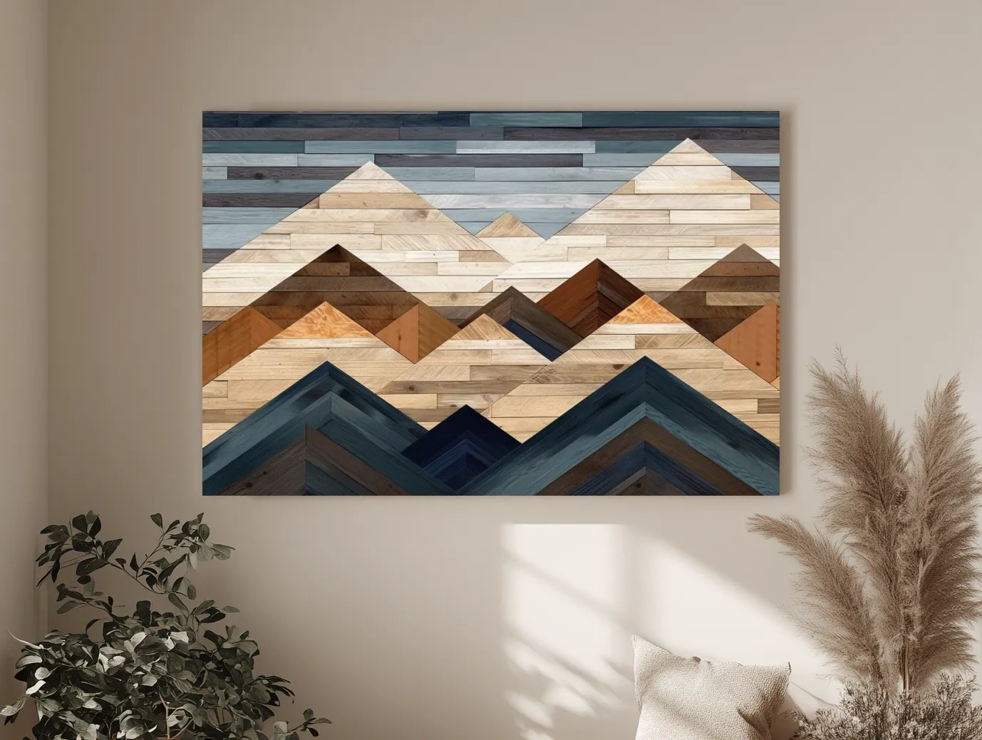Geometric Reclaimed Wood Mountain Peaks - Modern Rustic Landscape Artwork