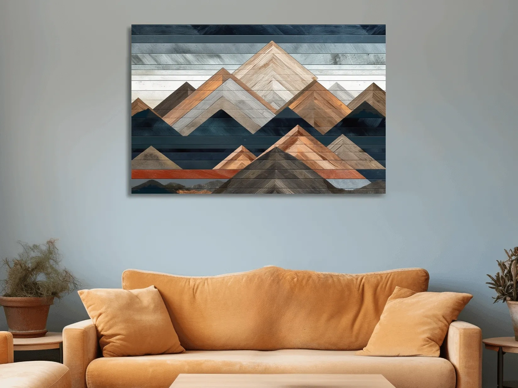 Geometric Woodgrain Mountain Peaks - Modern Abstract Landscape Wall Art