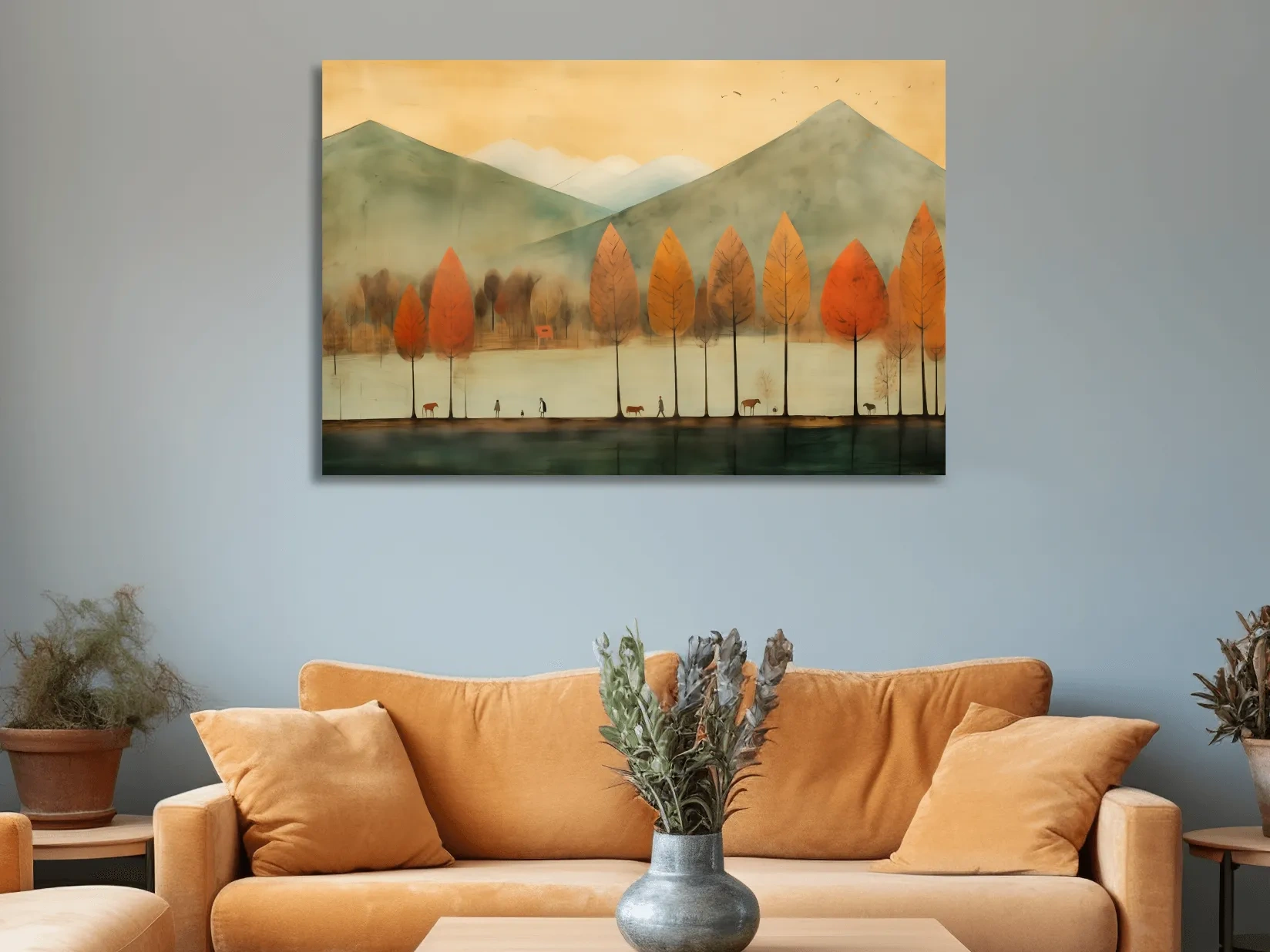 Autumn Tree Lined Lake Landscape - Quirky Watercolor Style Wall Art