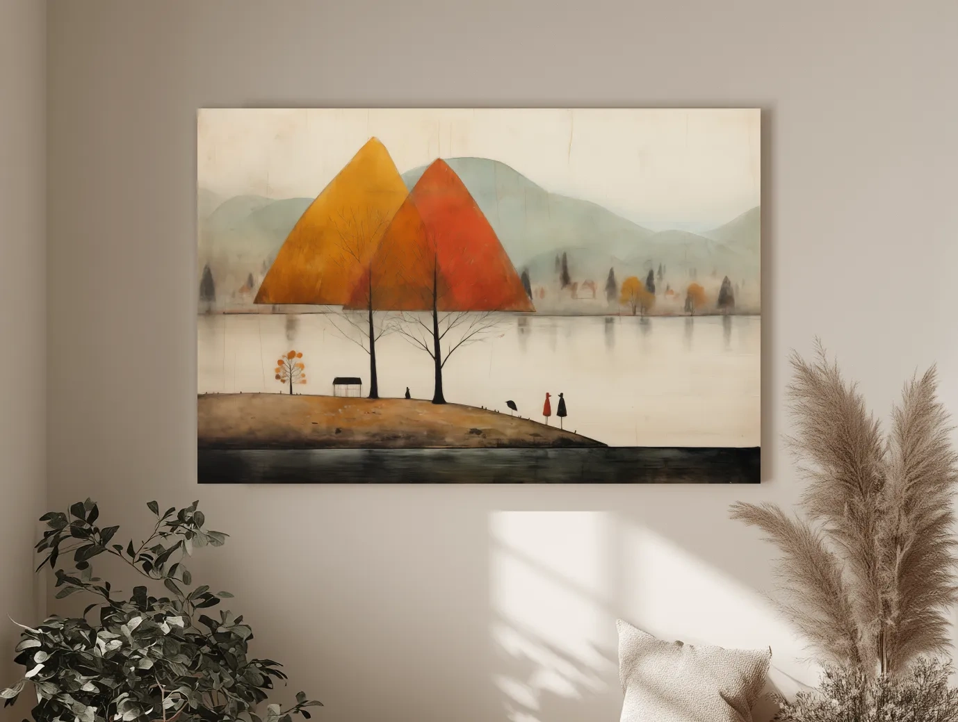 Autumn Mountains Over Misty Lakeside - Quirky Landscape Artwork