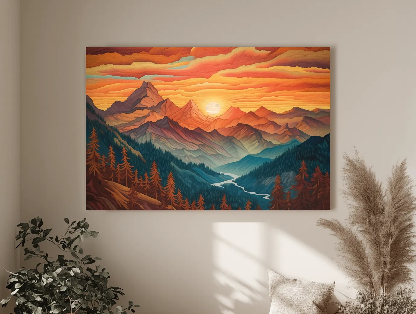 Vibrant Sunset Mountain Range Illustration - Layered Alpine Landscape Wall Art