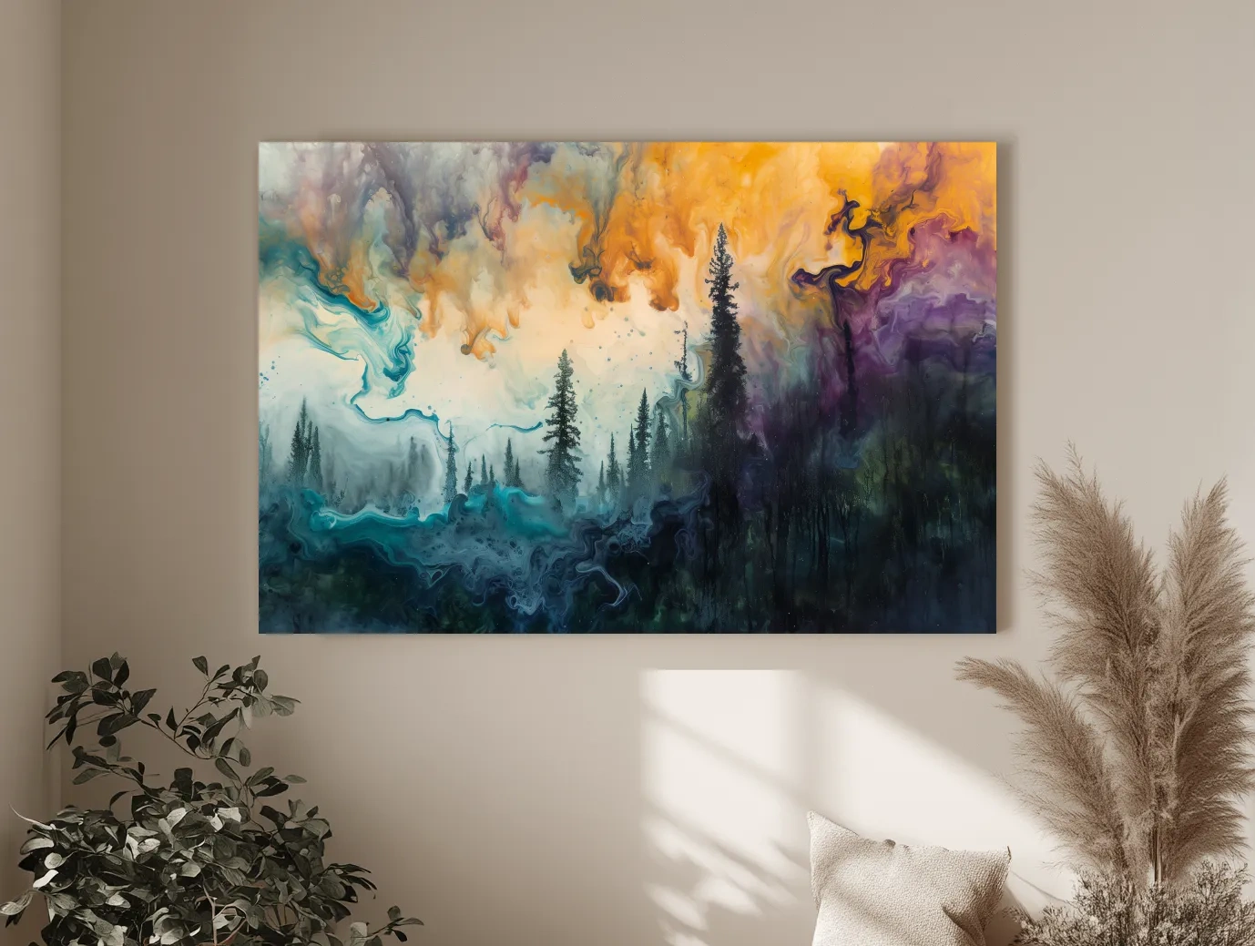 Vibrant Abstract Forest Smoke Swirls - Fluid Acrylic Style Wall Art