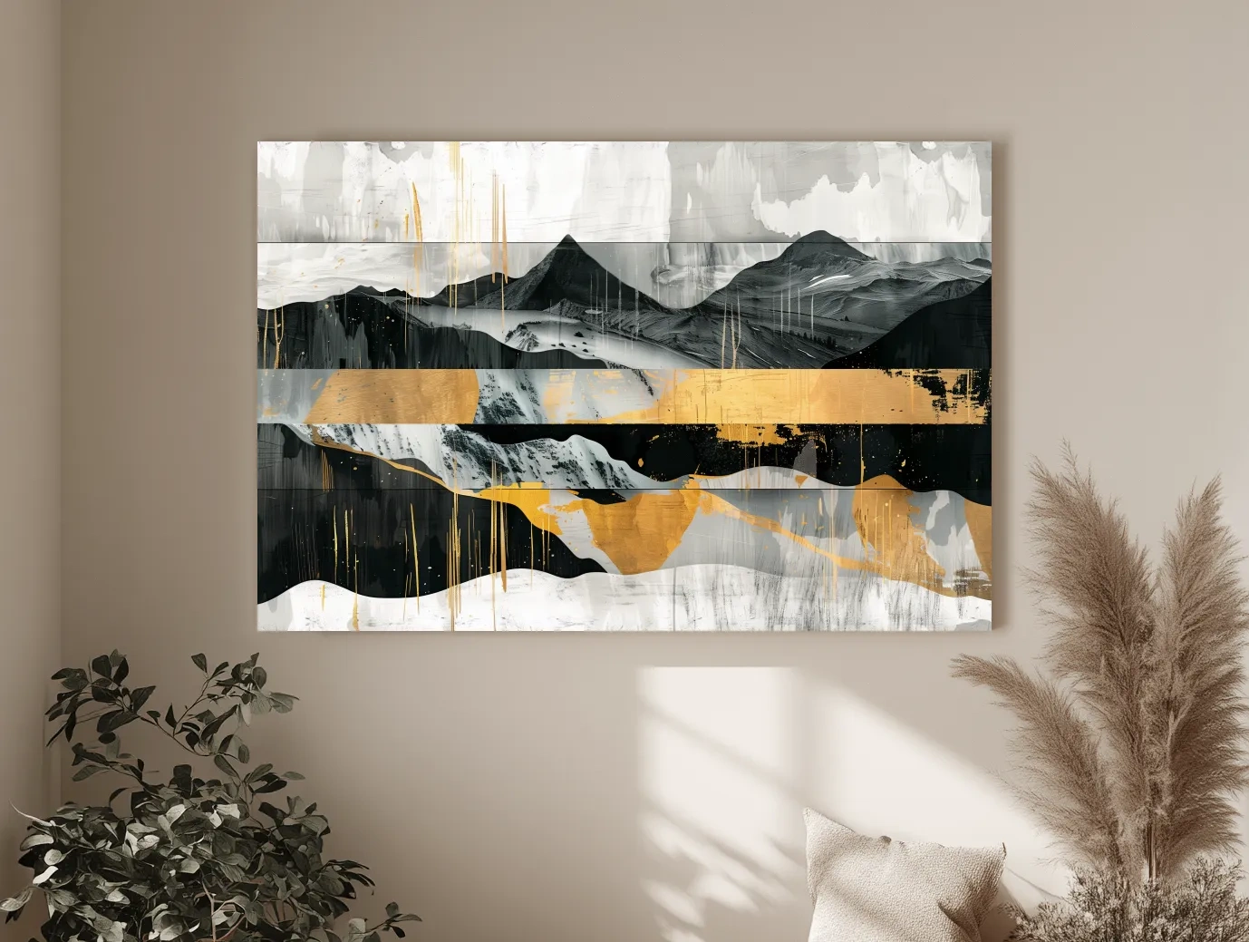 Abstract Monochrome Mountain Range With Gold Accents - Modern Mixed Media Landscape Wall Art