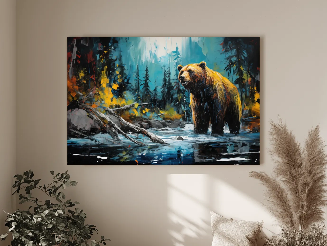 Grizzly Bear Forest River Painting - Vibrant Wildlife Nature Wall Art