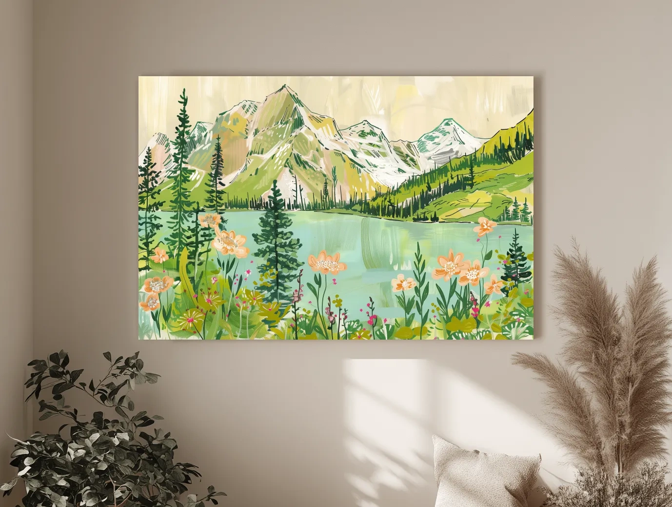 Whimsical Alpine Lake Wildflower Stylized Painting - Mountain Meadows Wall Art