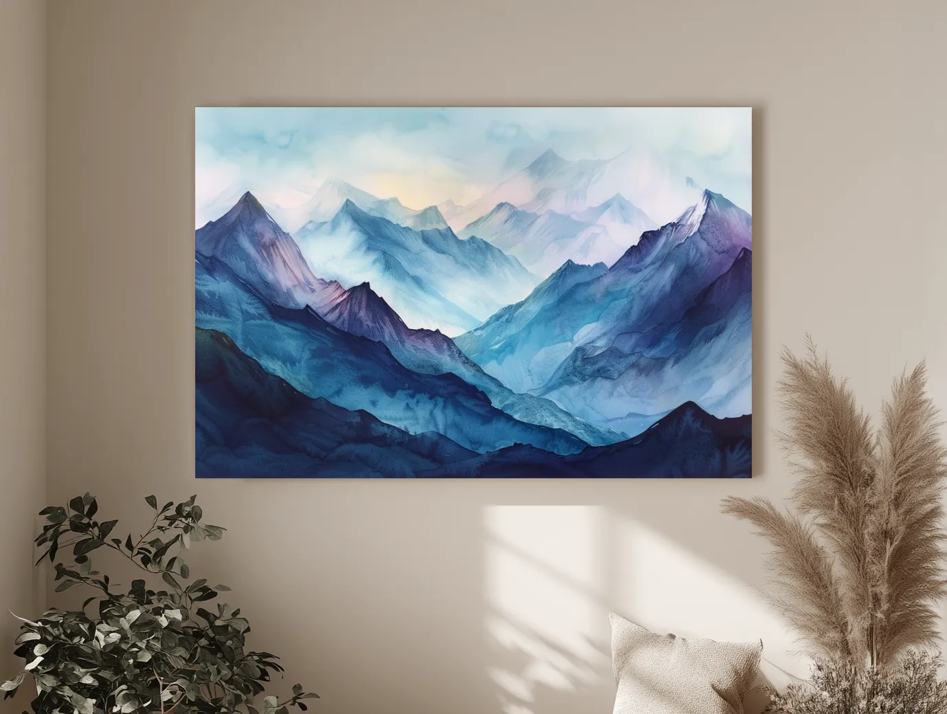 Misty Blue Watercolor Mountain Range Artwork - Serene Colourful Landscape Wall Art