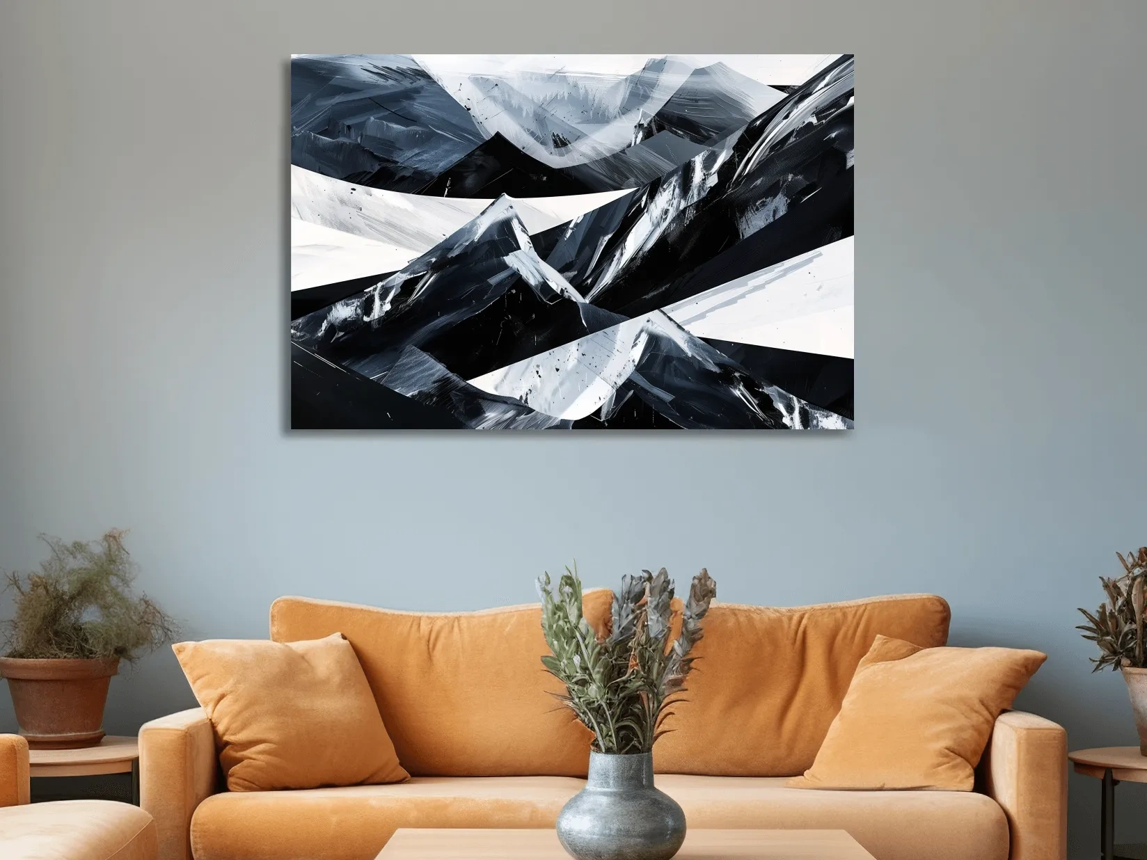 Modern abstract black and white mountain wall art painting