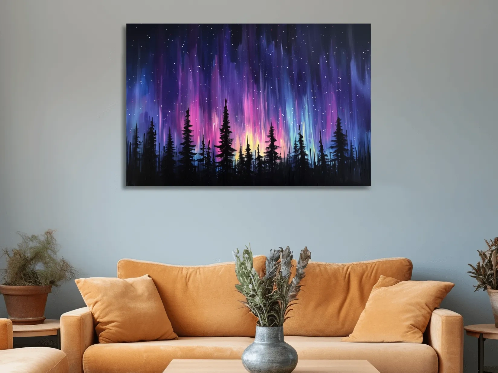 Vibrant Purple Northern Lights & Silhouetted Pine Forest - Aurora Borealis Painting Wall Art