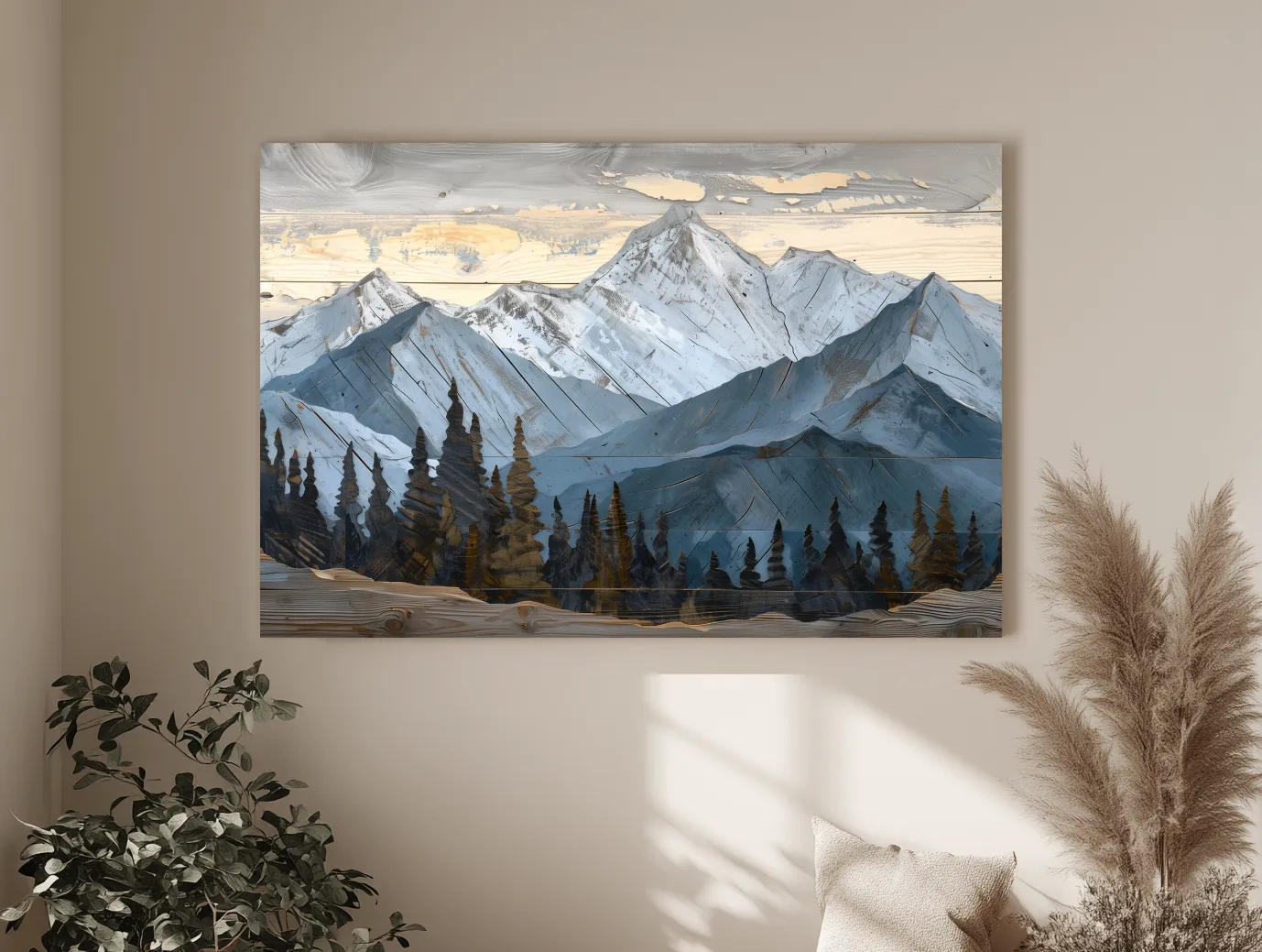 Alpine Forest Mountain Range Artwork - Rustic Woodgrain Landscape Wall Art