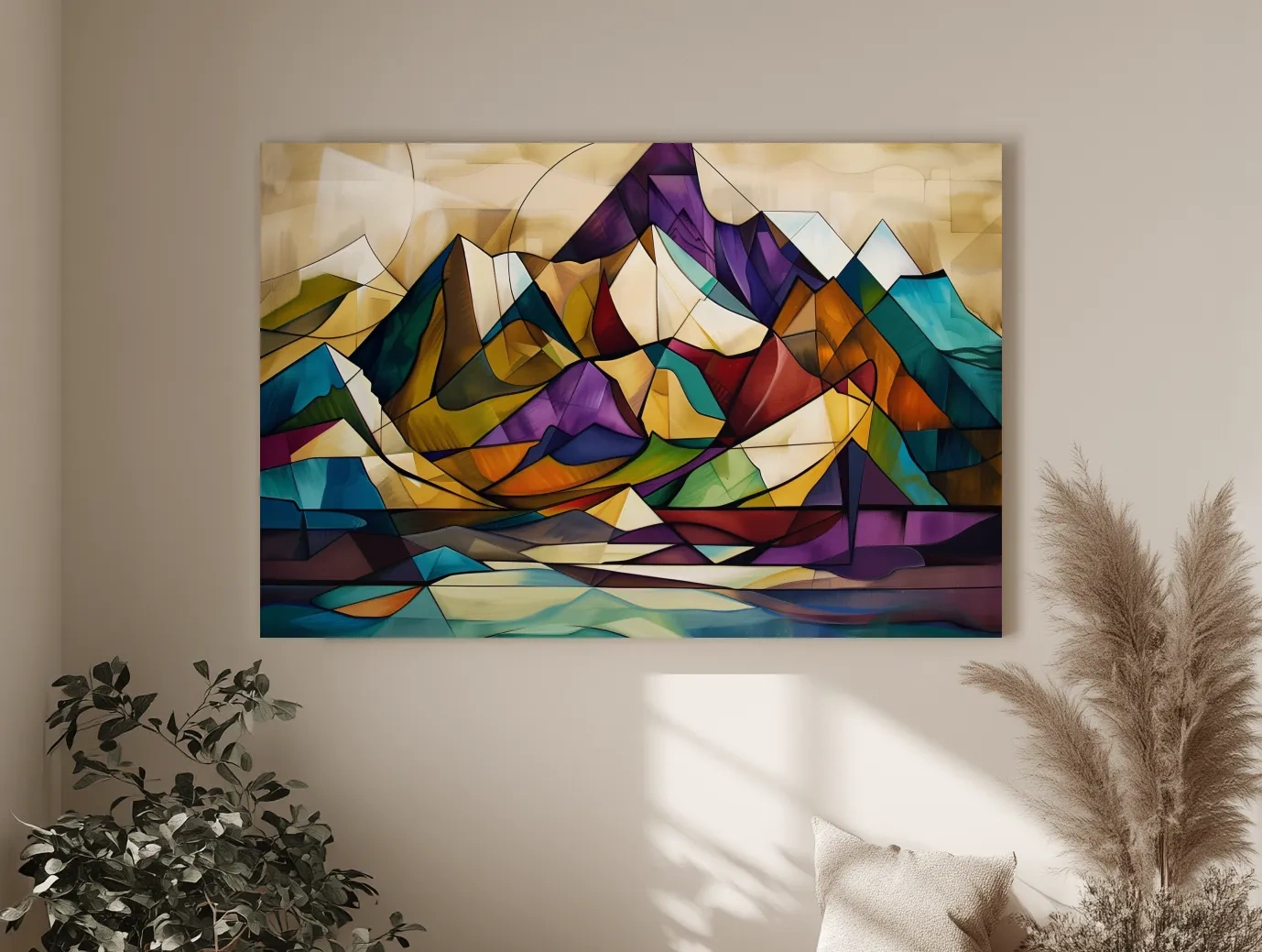 Vibrant Leadlight Style Mountain Range Painting - Abstract Colorful Stained Glass Wall Art
