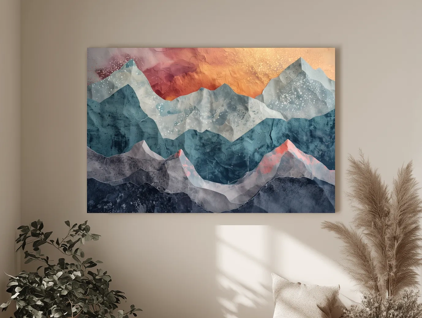 Layered Abstract Mountain Range Sunset - Modern 3D Mixed Media Landscape Wall Art