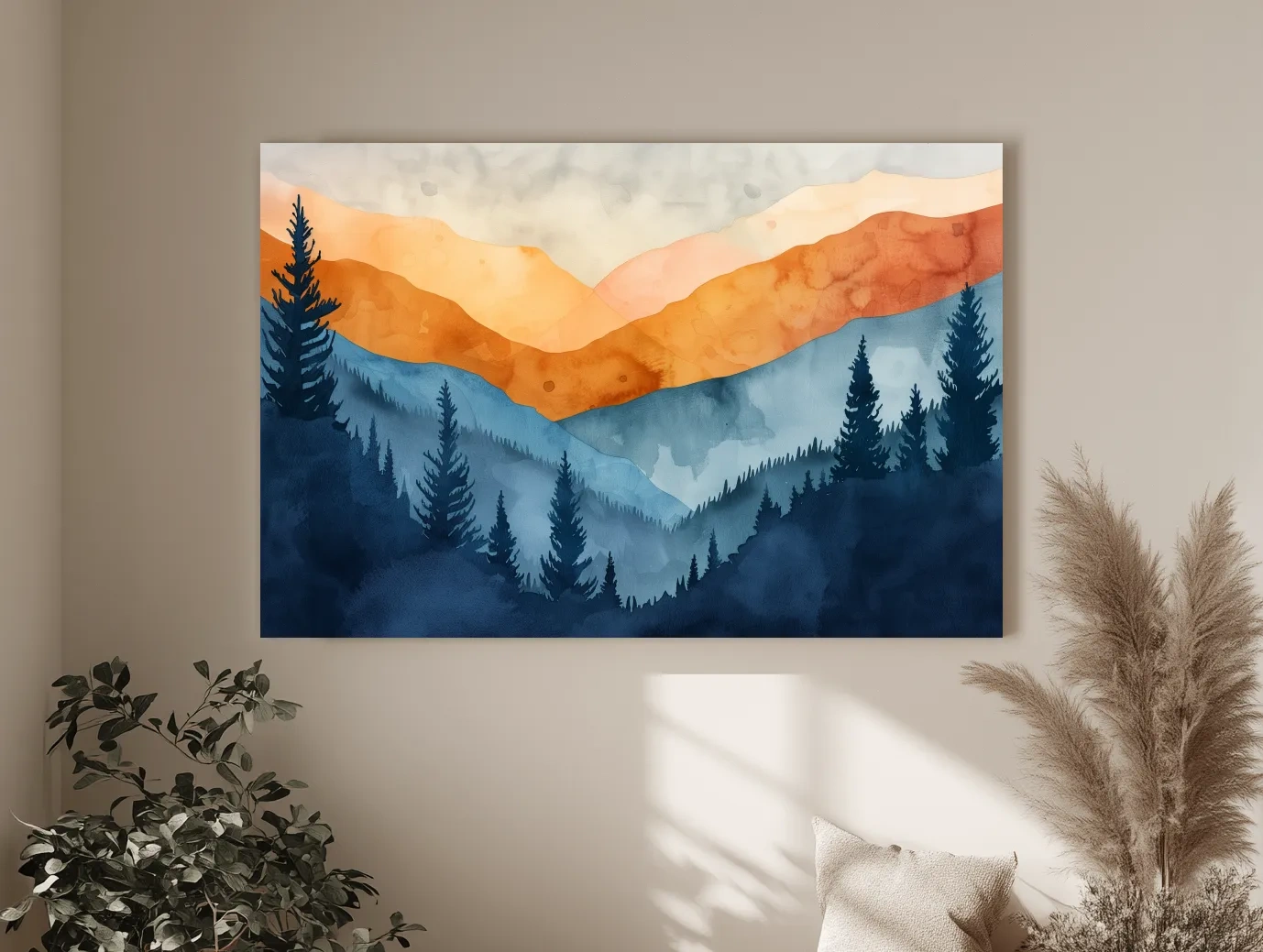 Moody Watercolor Mountain Range Silhouette - Pine Forest Painting Wall Art