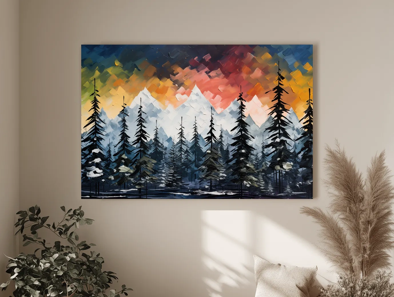 Moody Alpine Mountain Sunset With Pine Forest - Palette Knife Painting Style Landscape Art