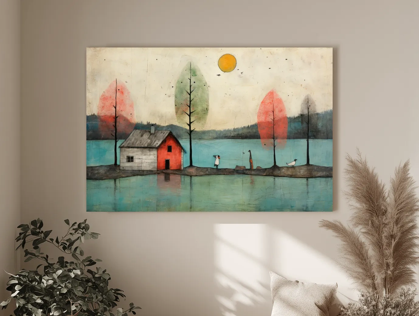 Whimsical Lakeside Cabin Illustration - Rustic Folk Landscape Wall Art