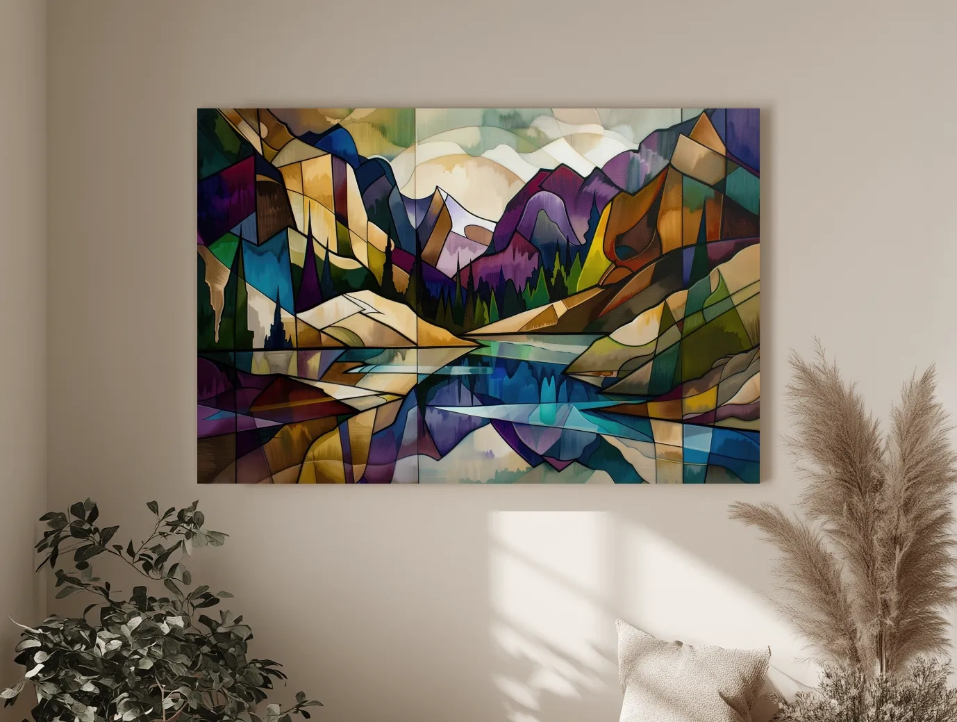 Abstract Stained Glass Mountain Lake Landscape - Colorful Geometric Alpine Wall Art