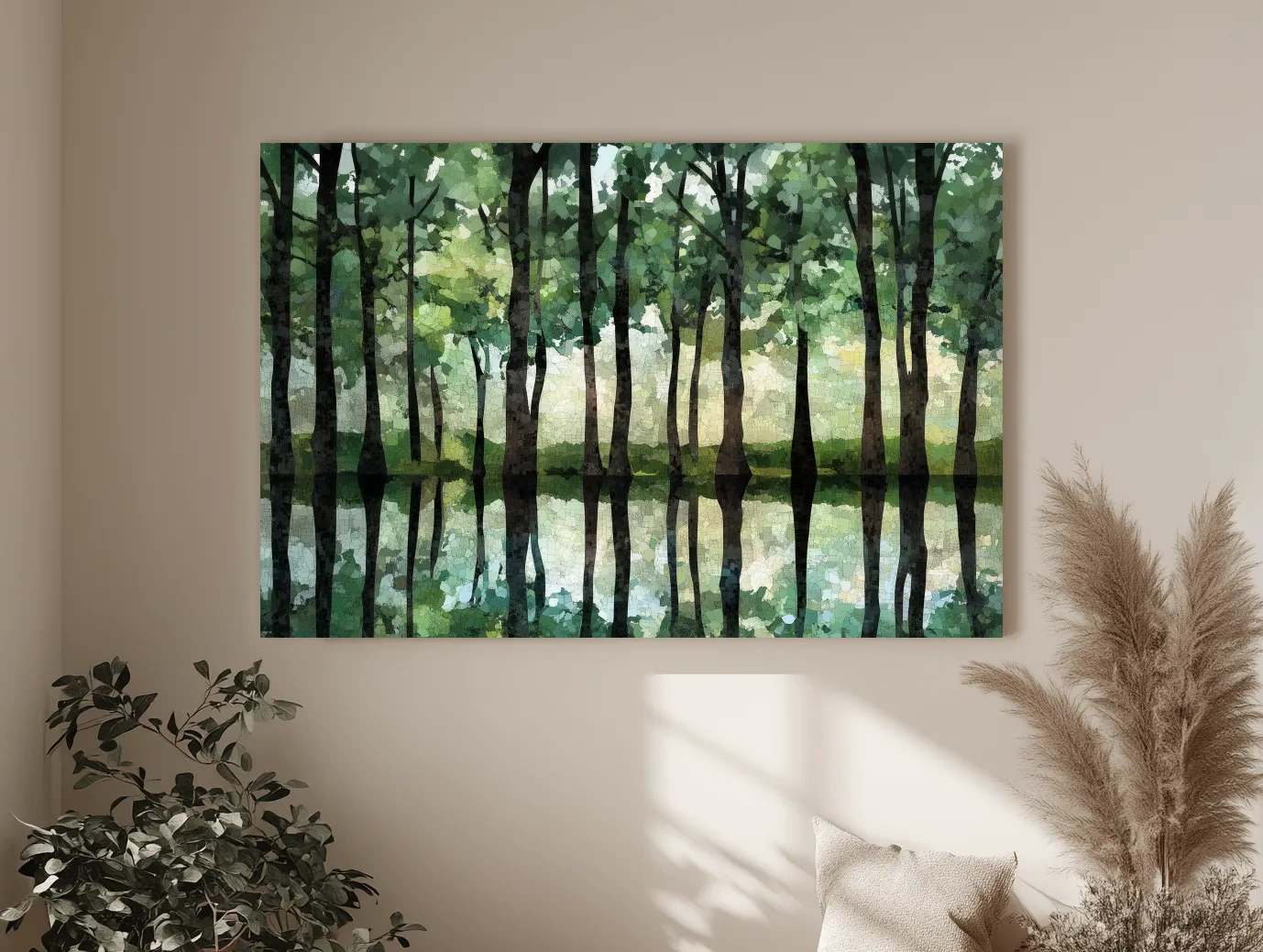 Mosaic Watercolor Forest Lake Reflection - Serene Nature Landscape Wall Art