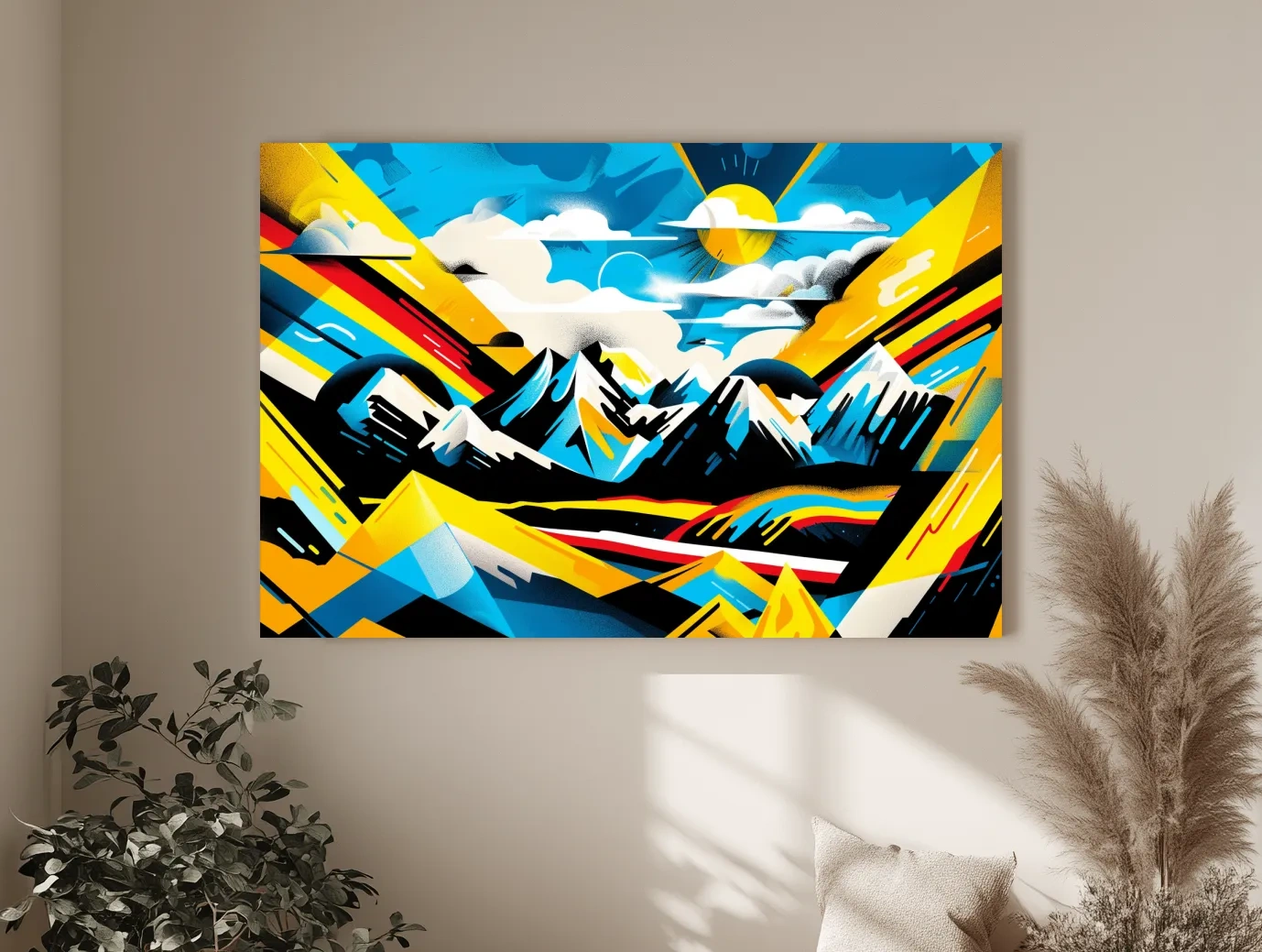Vibrant Colorful Mountain Sunrise Illustration - Graffiti Style Landscape Wall Art