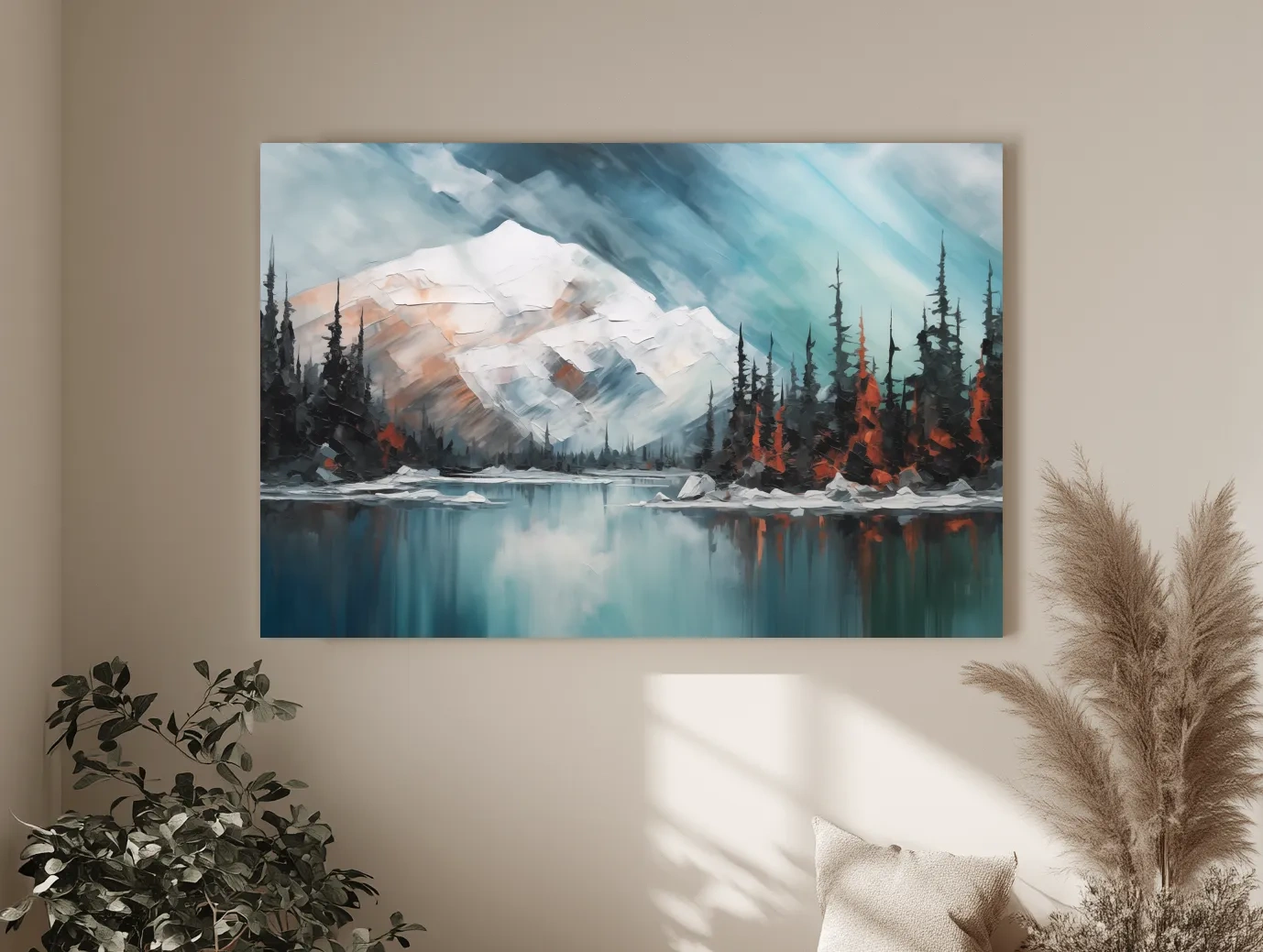 Alpine Glacier Lake Impasto Style Painting - Textured Forest Wall Art
