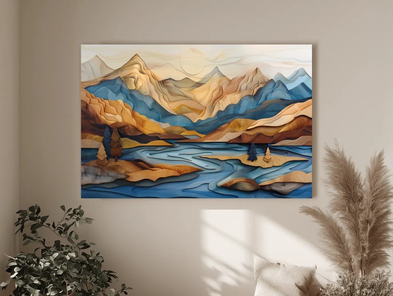 Wood Intarsia Style Alpine Mountain Lake Landscape - Modern Abstract Wall Art