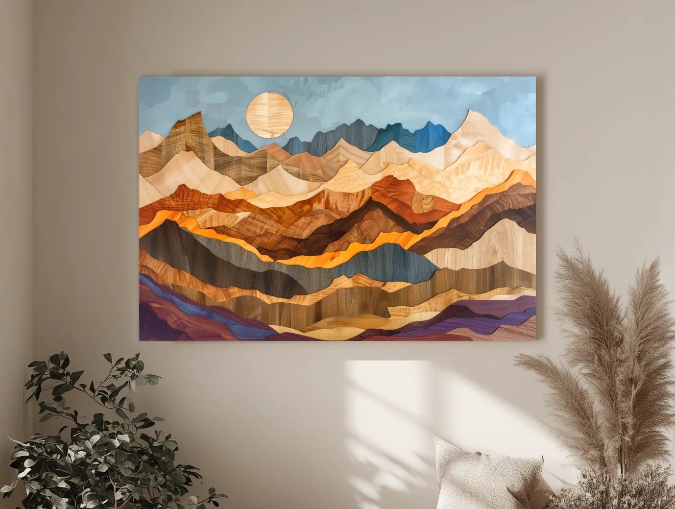 Layered Wooden Mountain Range - Intarsia Style Canvas Wall Art