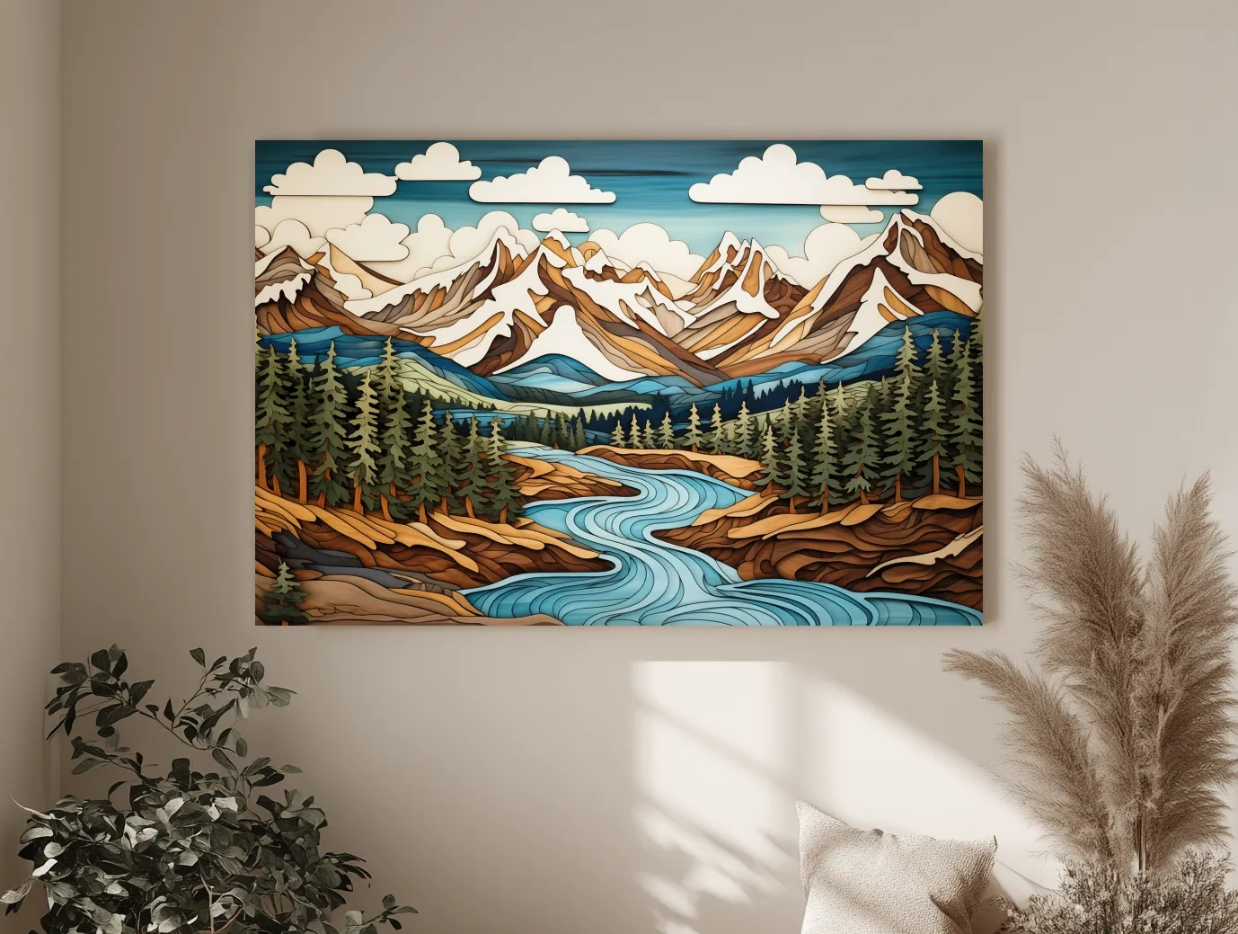 Intarsia Style Mountain River Landscape - Rustic Alpine Forest Artwork