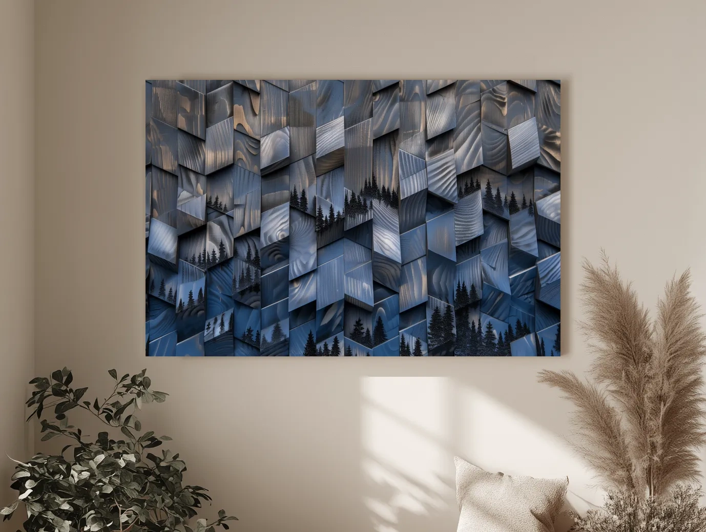 Wood Block Mountain Forest Collage - 3D Effect Abstract Landscape Wall Art