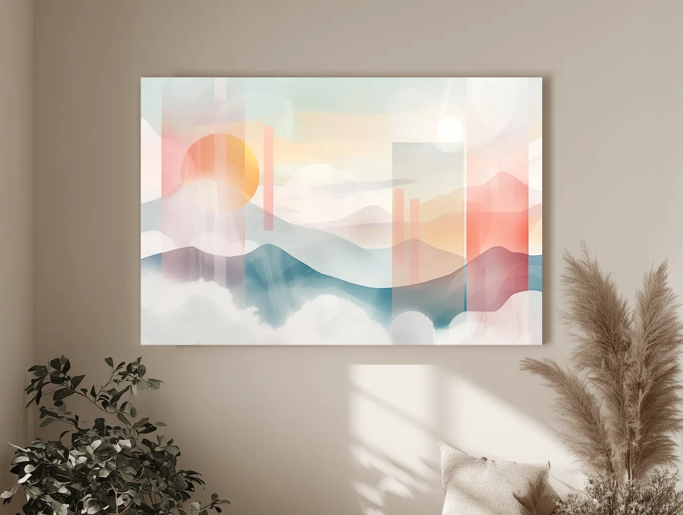 Abstract Pastel Mountain Sunrise Watercolor - Minimalist Geometric Wall Art